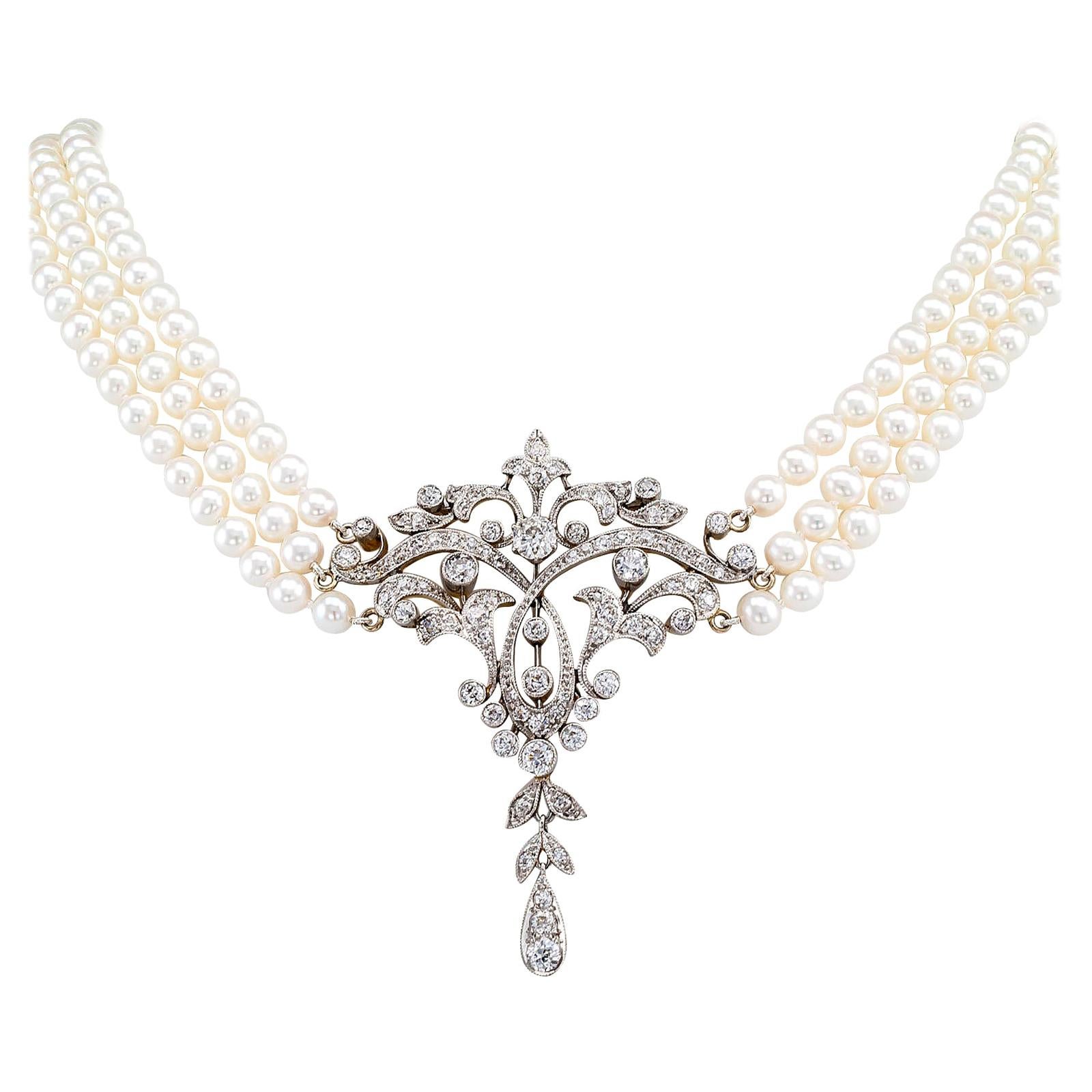 Edwardian Diamond Pearl Gold Platinum Necklace
