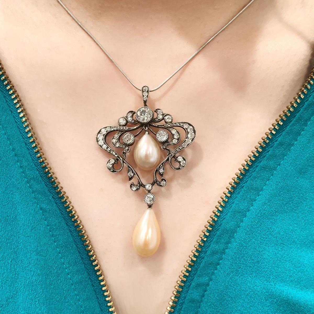 Ciondolo edoardiano con diamante e perla in vendita 1