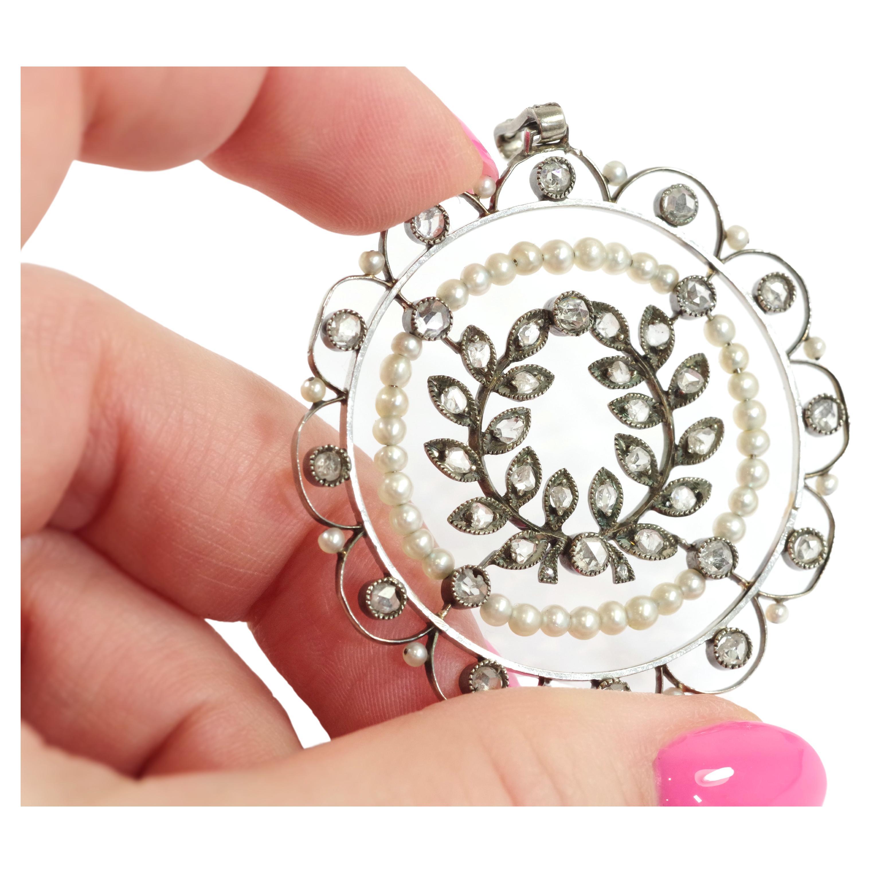 Edwardian diamond pearl pendant in silver, rose cut diamonds
