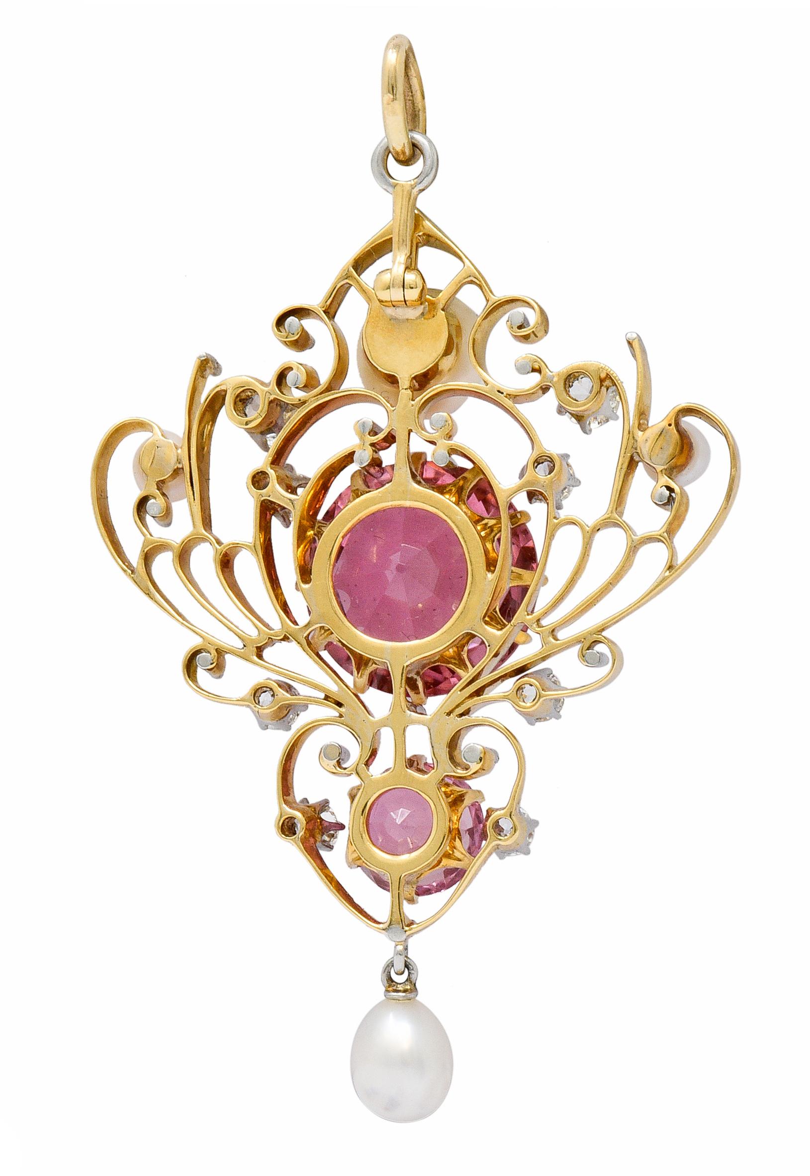 Women's or Men's Edwardian Diamond Pearl Pink Tourmaline Platinum 18 Karat Gold Pendant