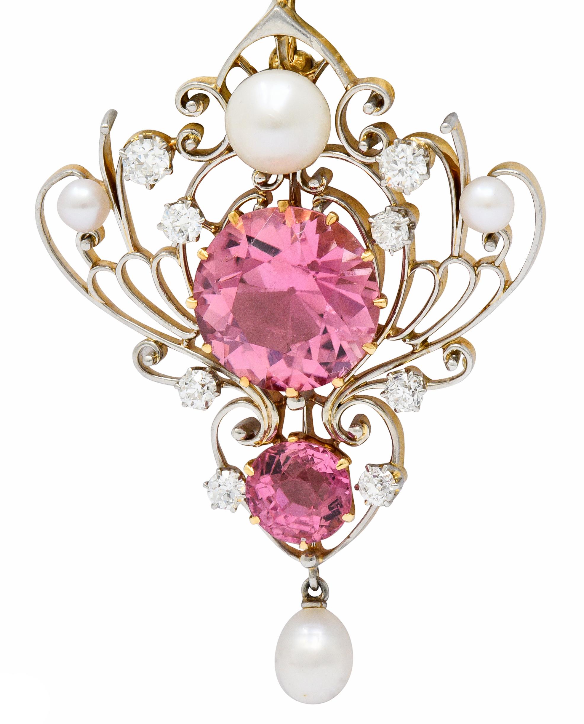 Edwardian Diamond Pearl Pink Tourmaline Platinum 18 Karat Gold Pendant 2