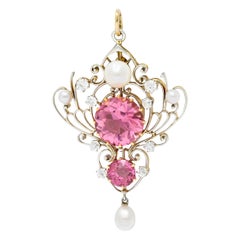 Edwardian Diamond Pearl Pink Tourmaline Platinum 18 Karat Gold Pendant