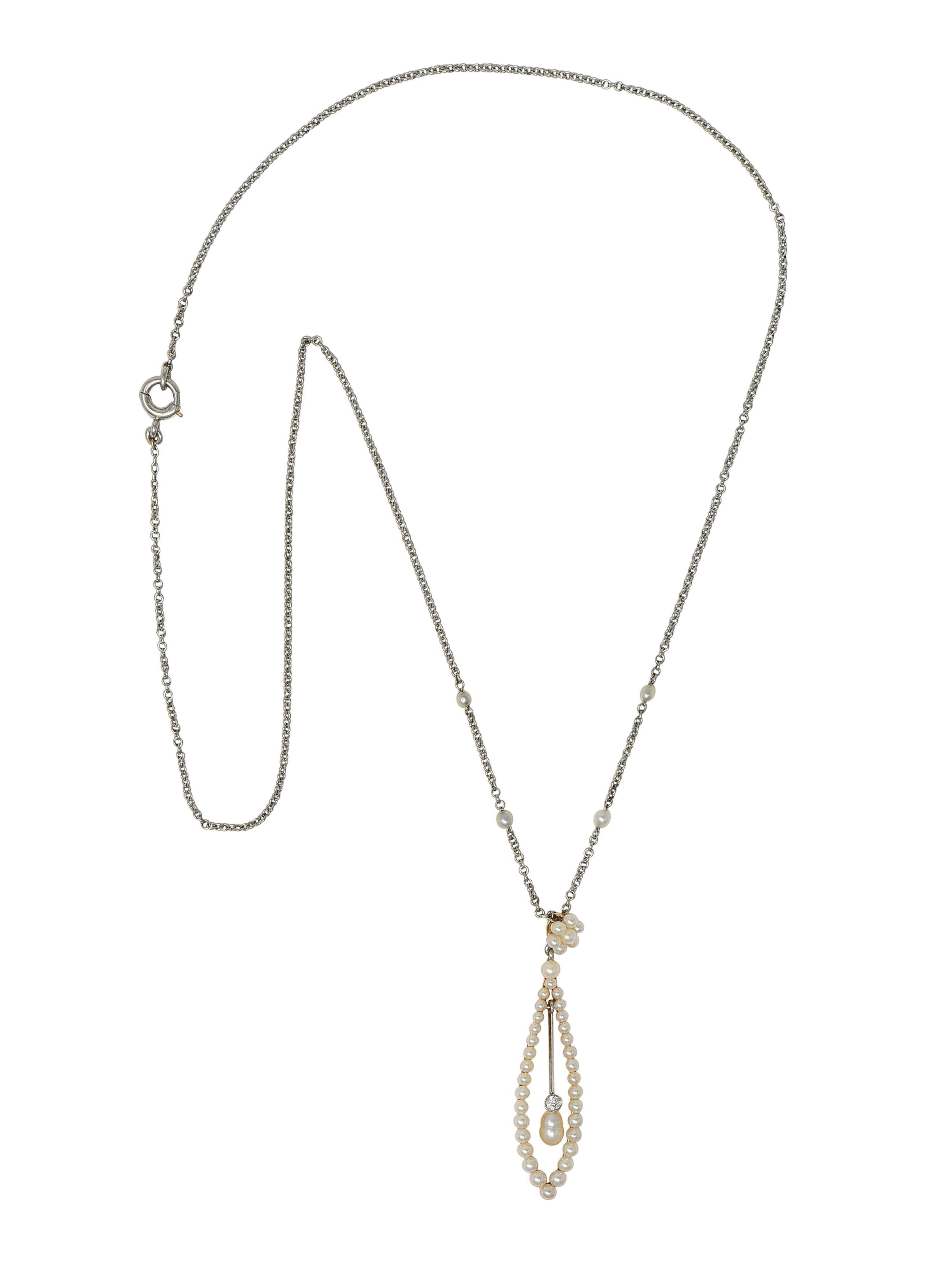 Édouardien Edwardian Diamond Pearl Platinum 14 Karat Yellow Gold Antique Pendant Necklace en vente