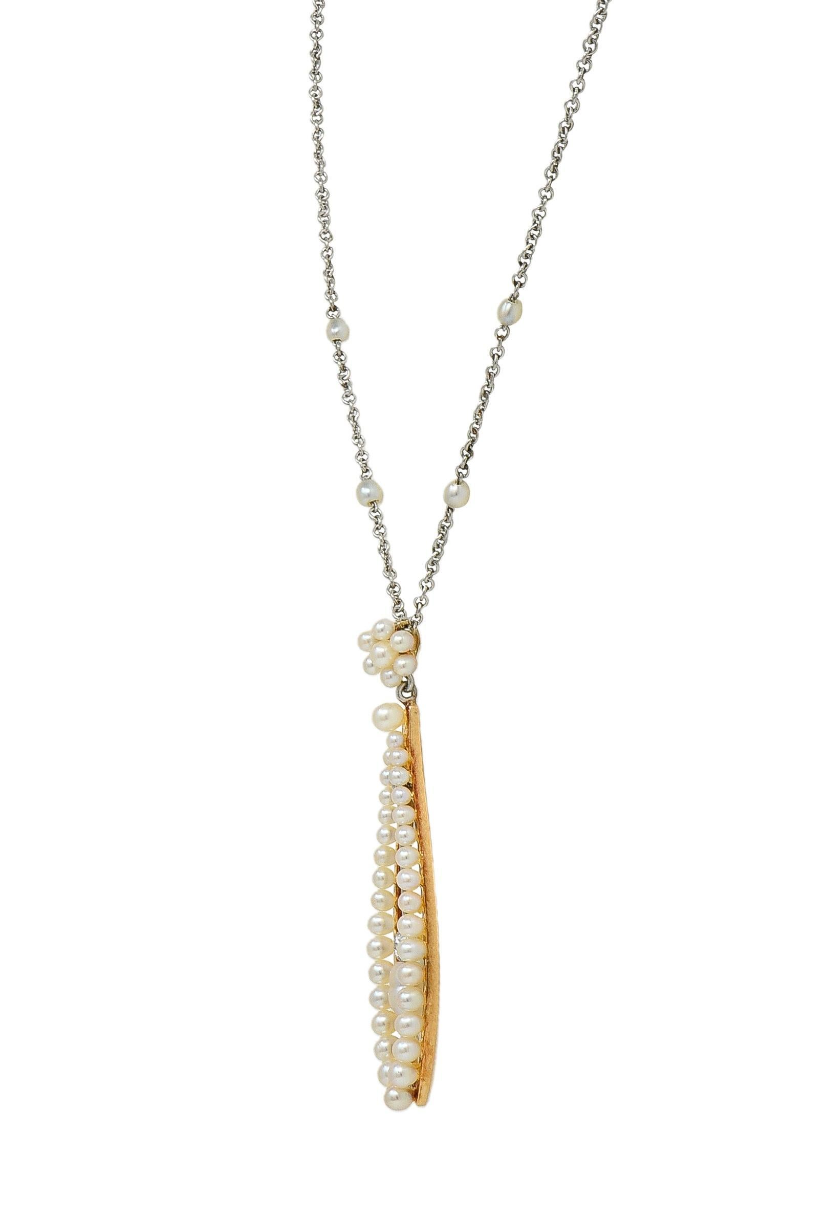 Taille vieille Europe Edwardian Diamond Pearl Platinum 14 Karat Yellow Gold Antique Pendant Necklace en vente