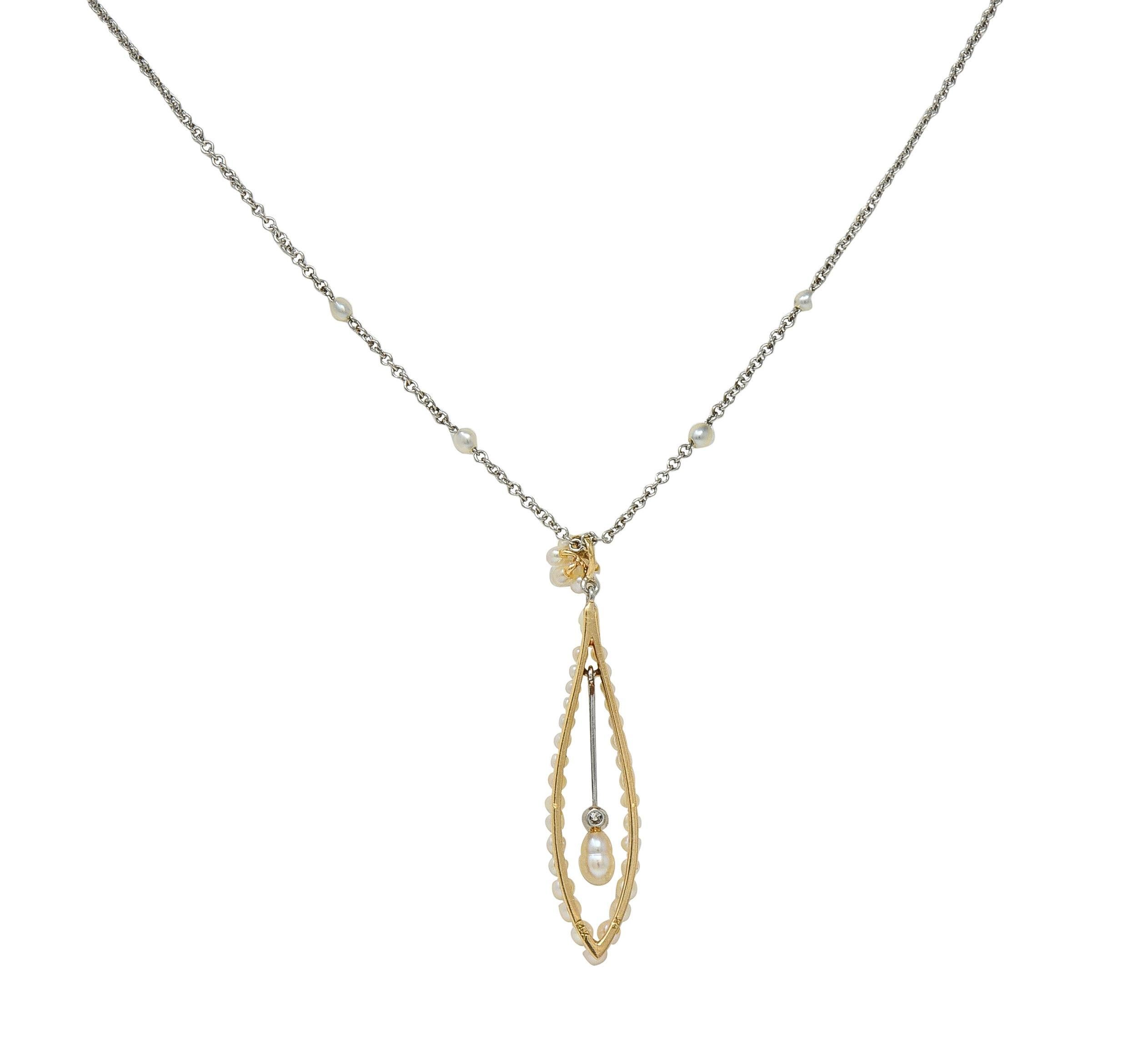 Edwardian Diamond Pearl Platinum 14 Karat Yellow Gold Antique Pendant Necklace Excellent état - En vente à Philadelphia, PA