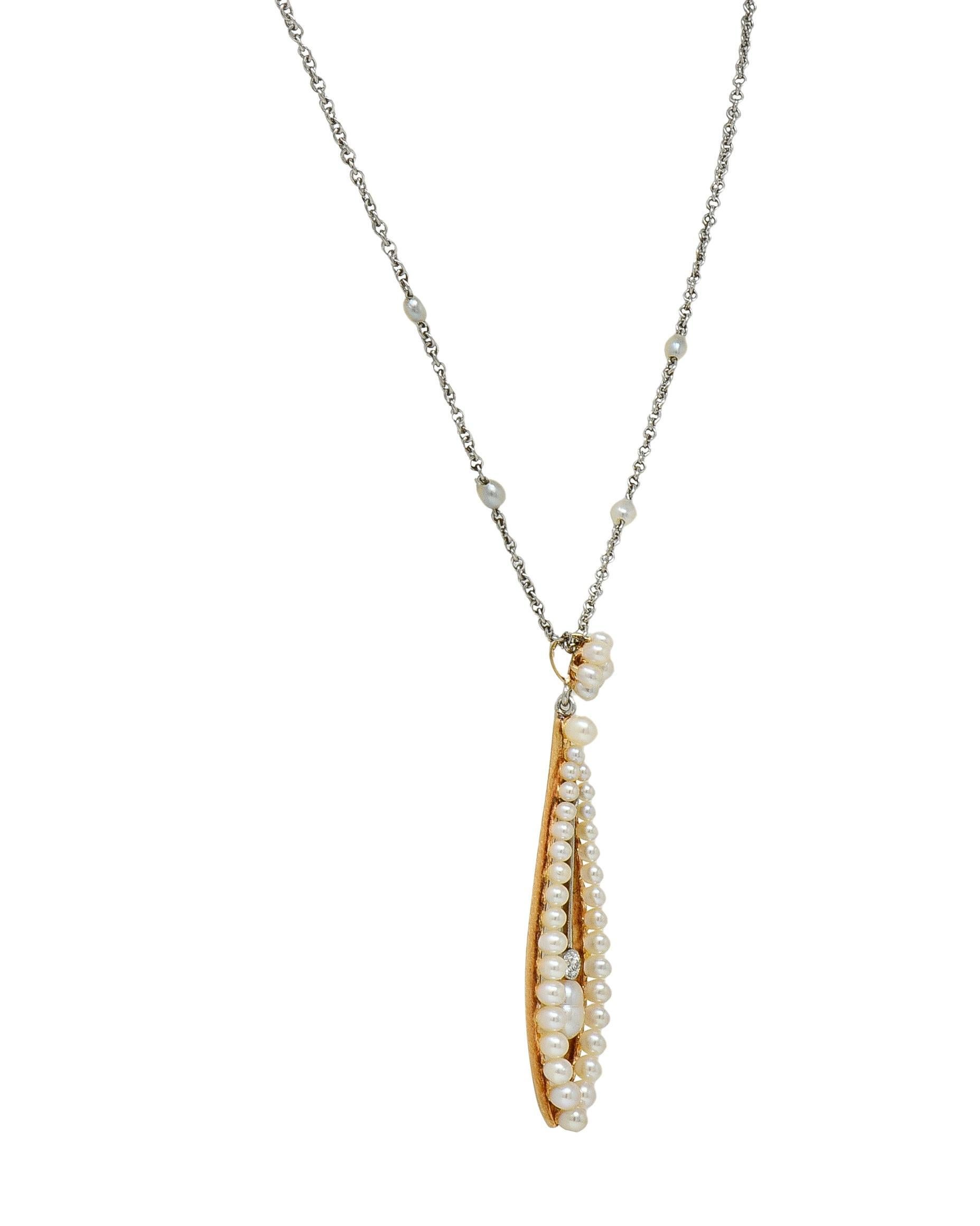 Edwardian Diamond Pearl Platinum 14 Karat Yellow Gold Antique Pendant Necklace Unisexe en vente