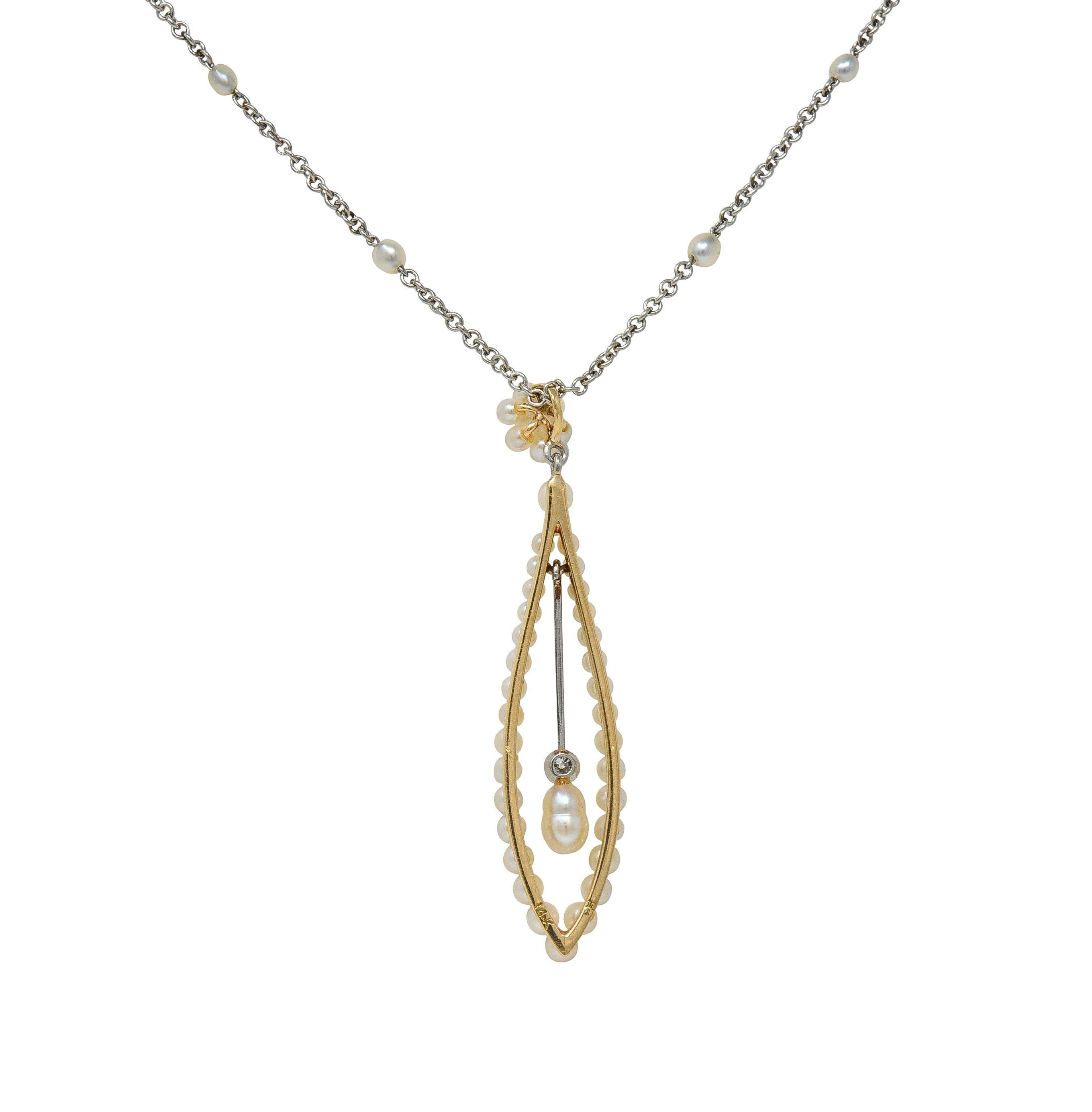 Edwardian Diamond Pearl Platinum 14 Karat Yellow Gold Antique Pendant Necklace en vente 2