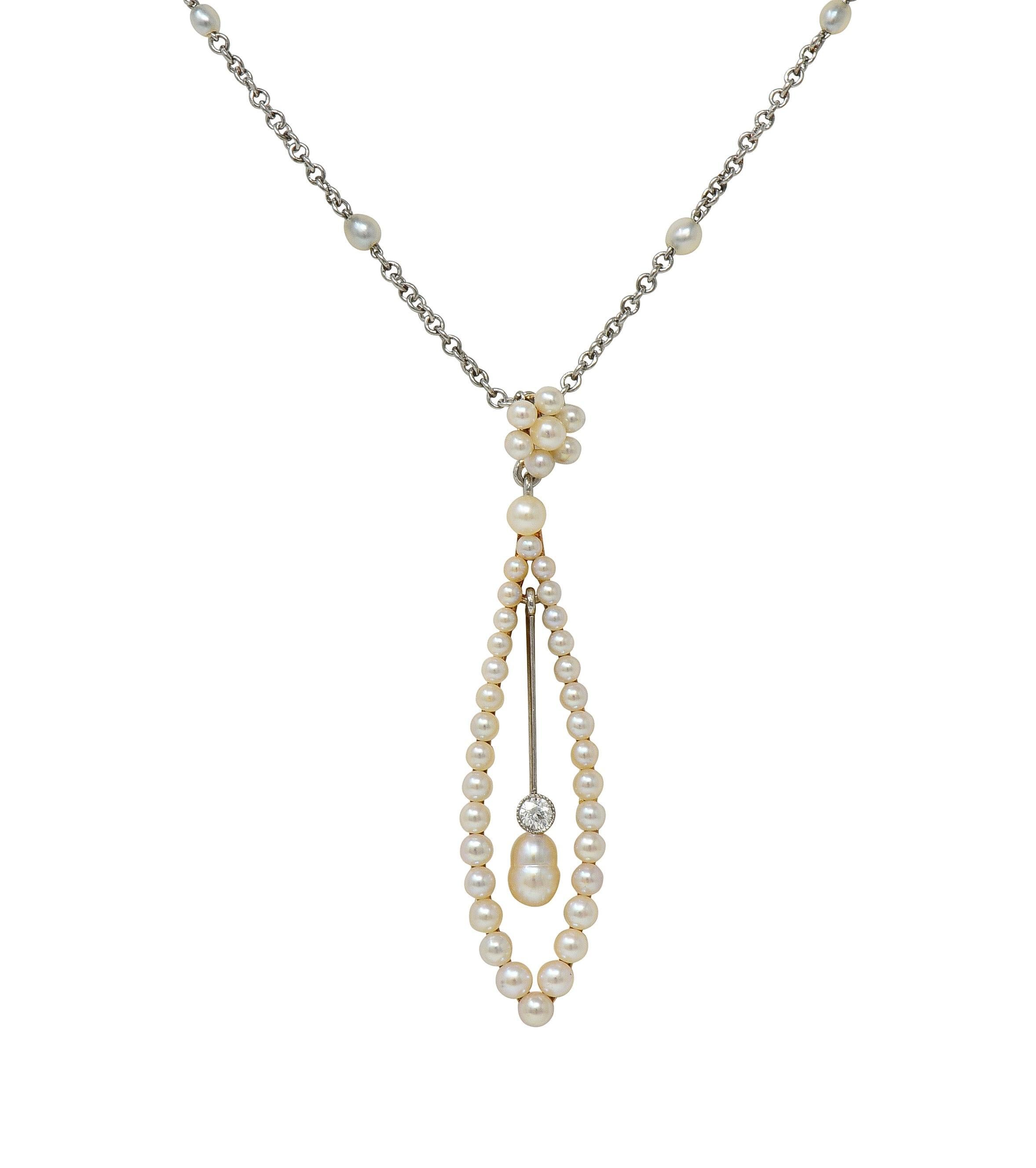 Edwardian Diamond Pearl Platinum 14 Karat Yellow Gold Antique Pendant Necklace en vente 3