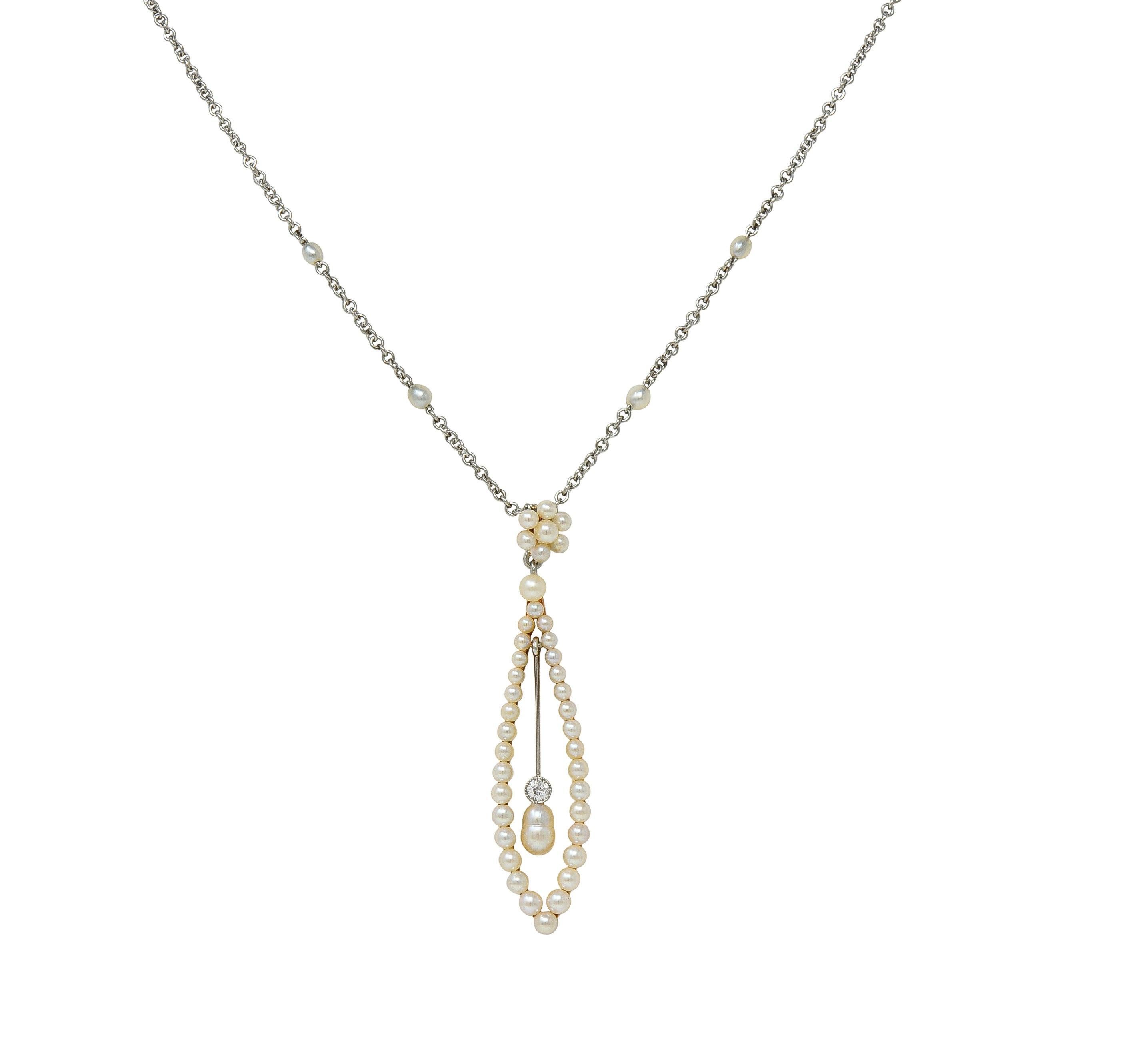 Edwardian Diamond Pearl Platinum 14 Karat Yellow Gold Antique Pendant Necklace en vente