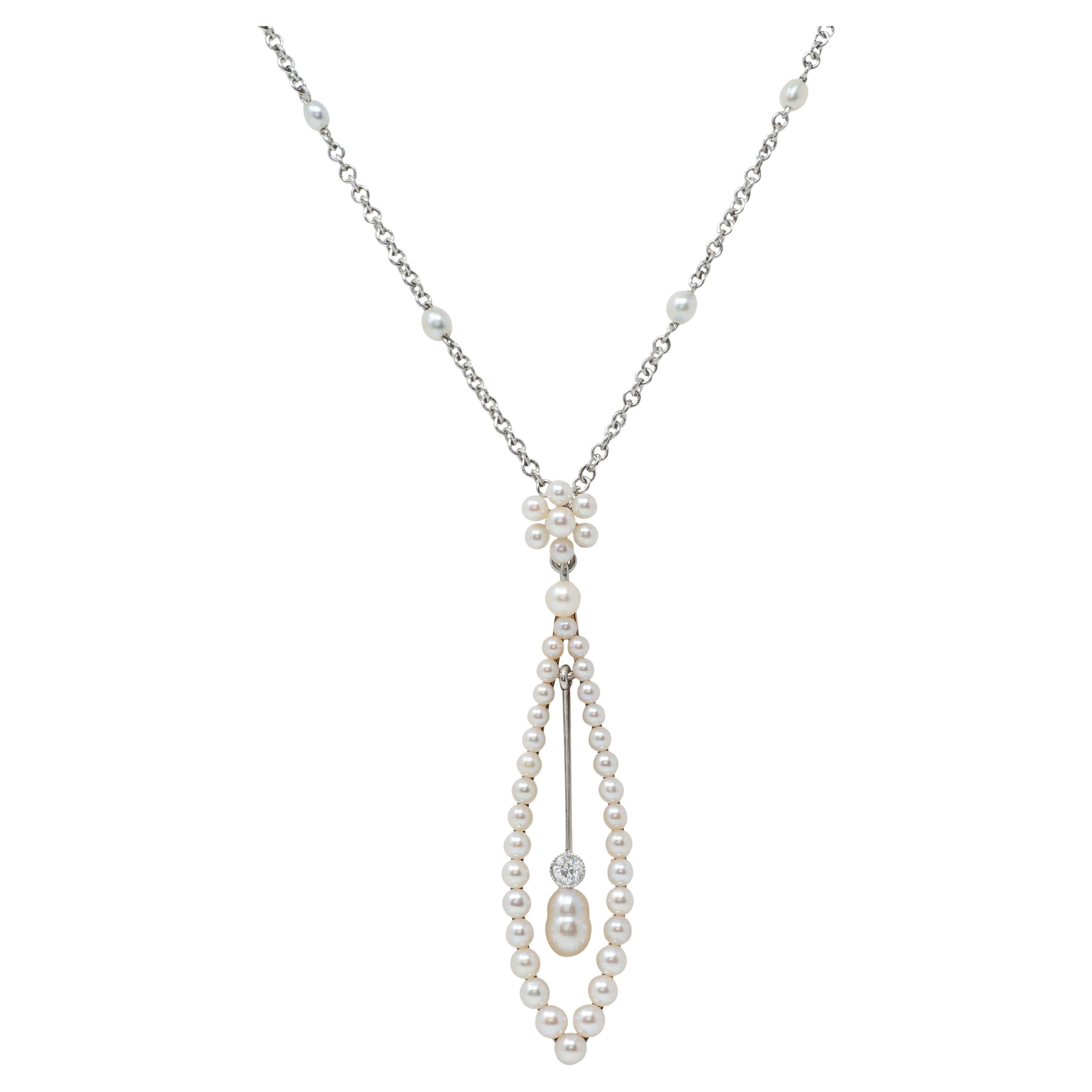 Edwardian Diamant Perle Platin 14 Karat Gelbgold Antiker Anhänger Halskette