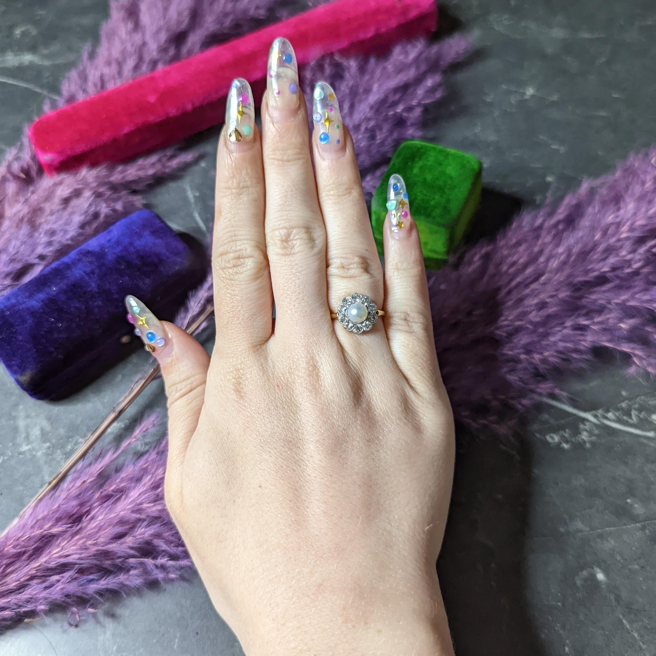 Edwardian Diamond Pearl Platinum 14 Karat Yellow Gold Cluster Antique Ring 3