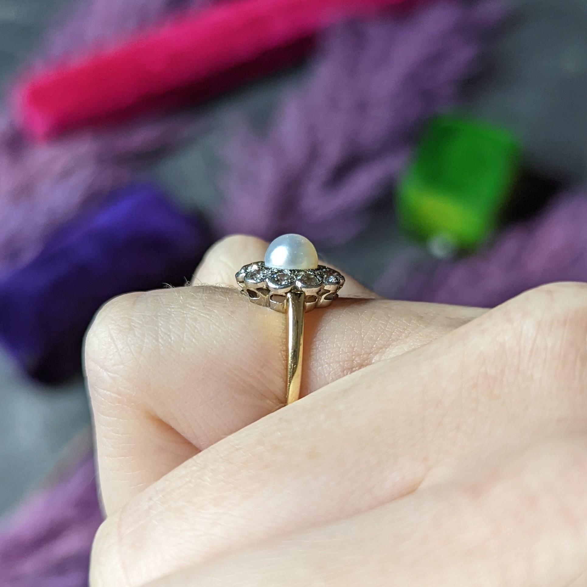 Edwardian Diamond Pearl Platinum 14 Karat Yellow Gold Cluster Antique Ring 4