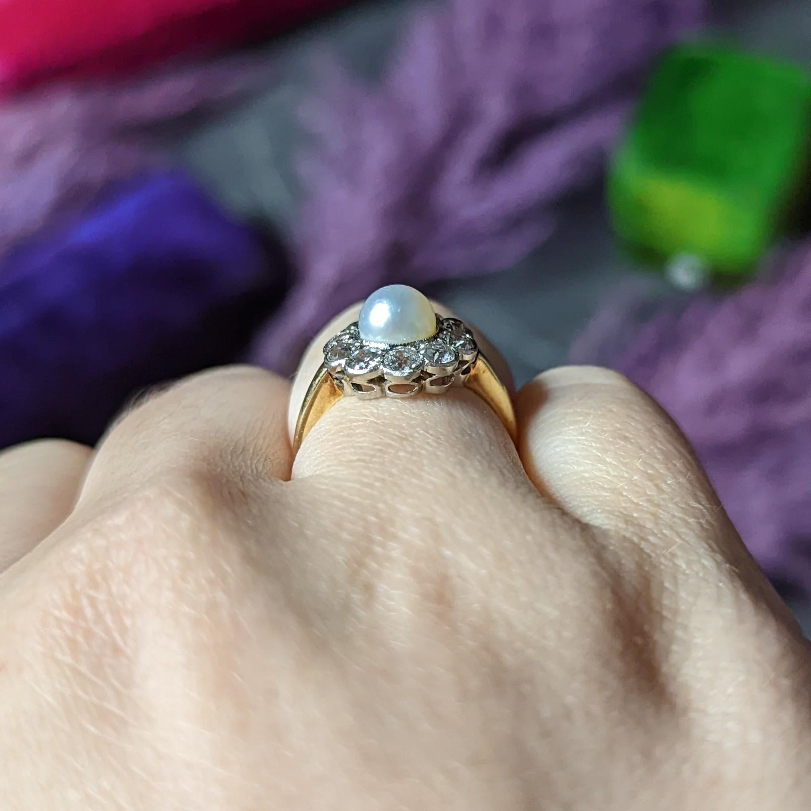 Edwardian Diamond Pearl Platinum 14 Karat Yellow Gold Cluster Antique Ring 5