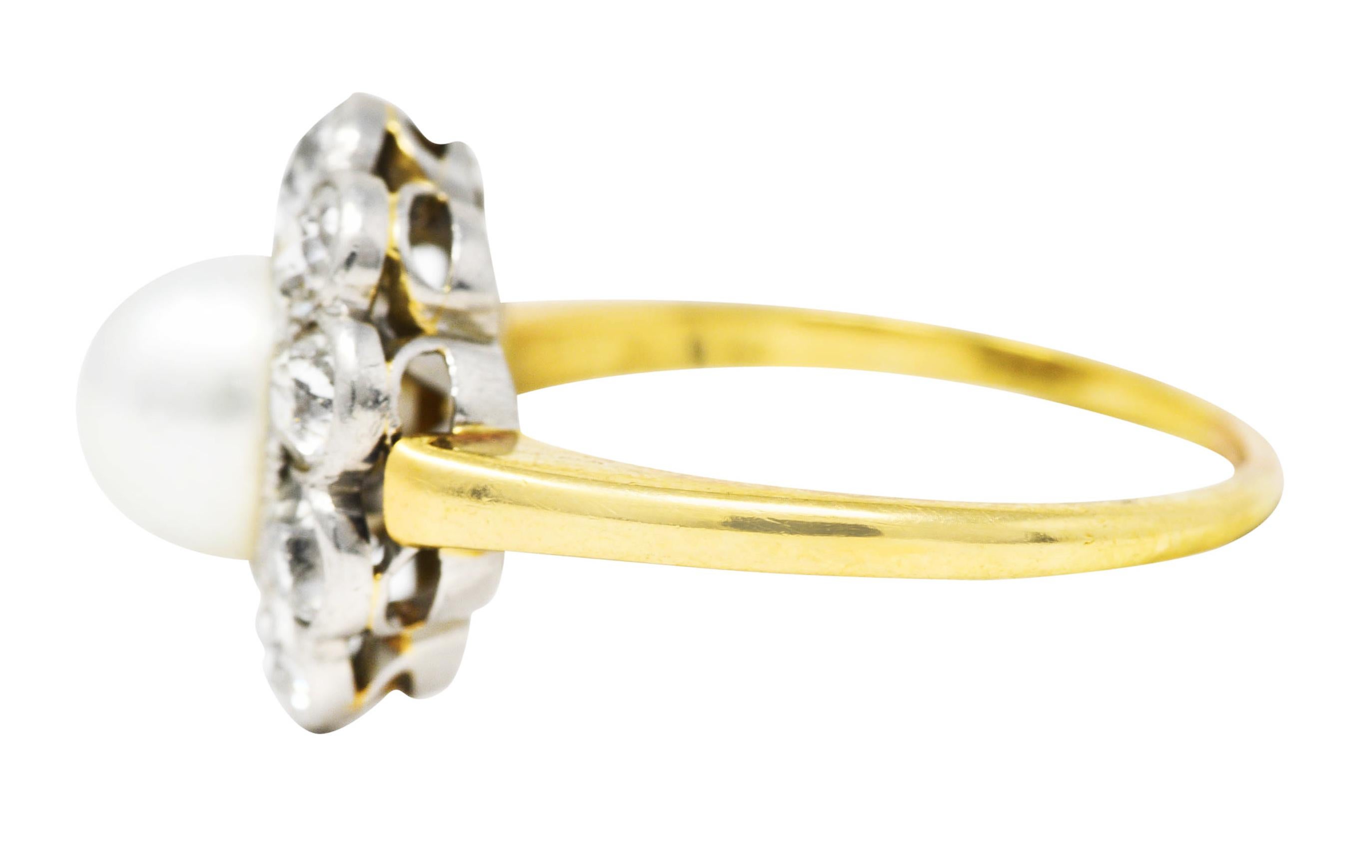 Old European Cut Edwardian Diamond Pearl Platinum 14 Karat Yellow Gold Cluster Antique Ring