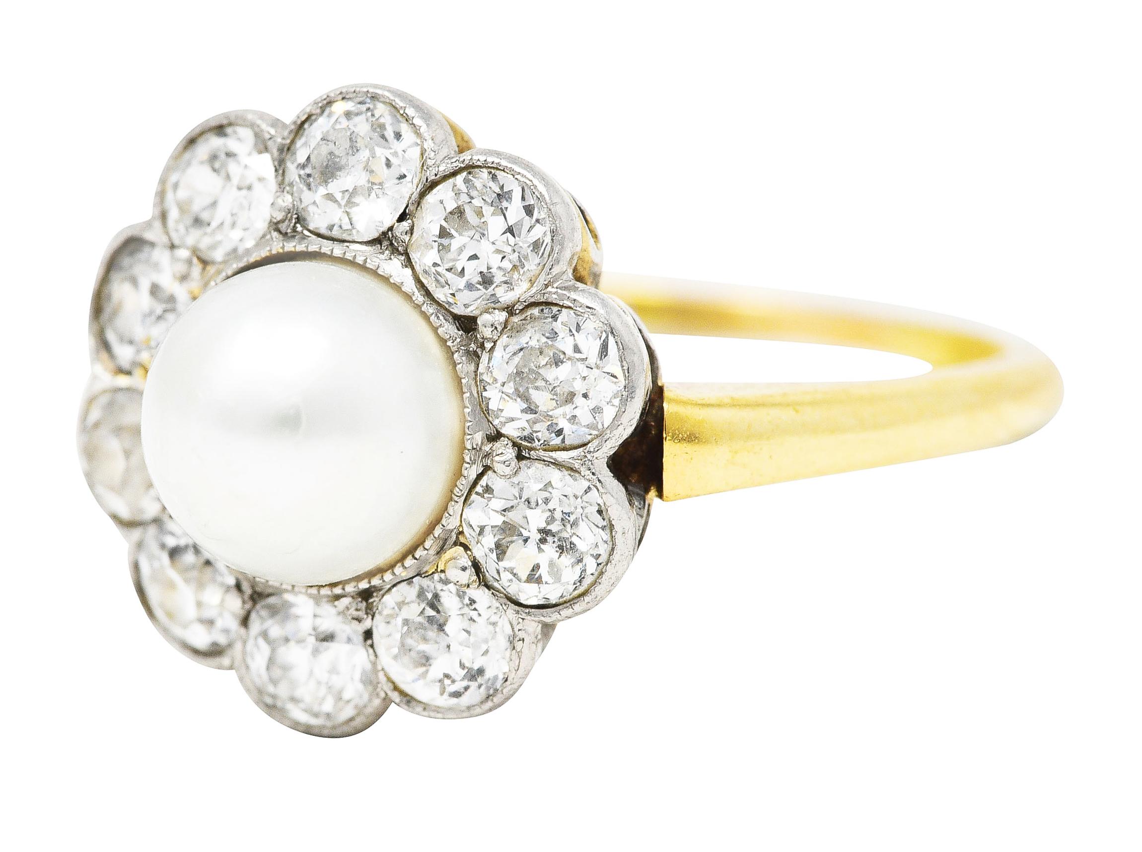 Edwardian Diamond Pearl Platinum 14 Karat Yellow Gold Cluster Antique Ring In Excellent Condition In Philadelphia, PA