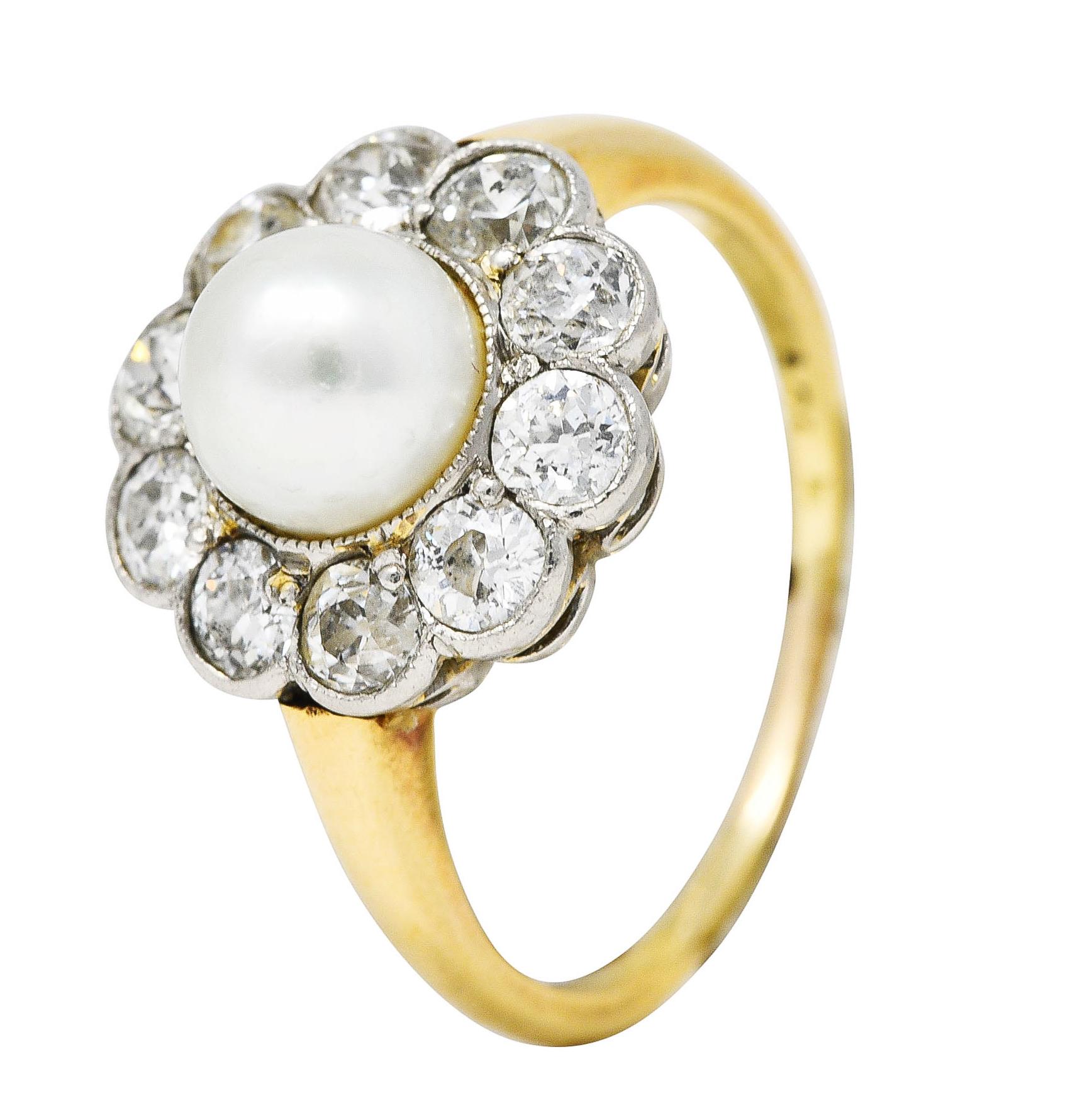 Edwardian Diamond Pearl Platinum 14 Karat Yellow Gold Cluster Antique Ring 2