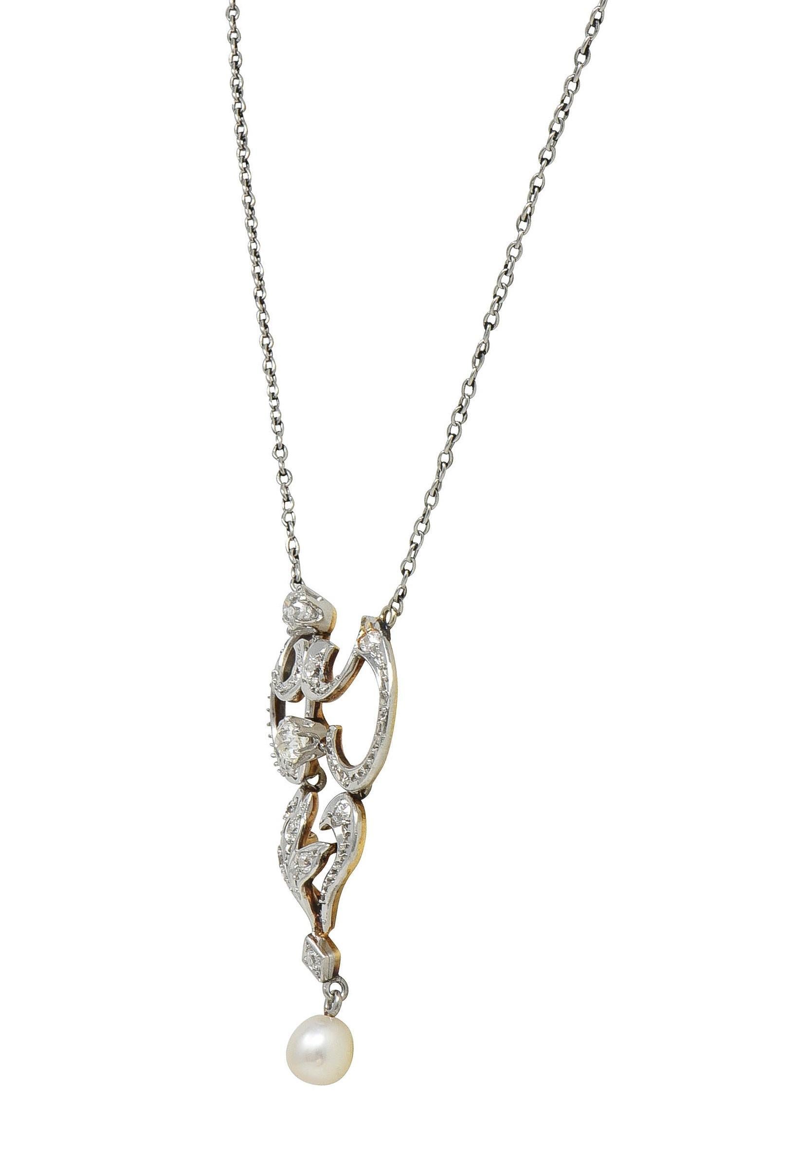 Collier Edwardian Diamond Pearl Platinum 14K Gold Antique Pendant Station Necklace Excellent état - En vente à Philadelphia, PA
