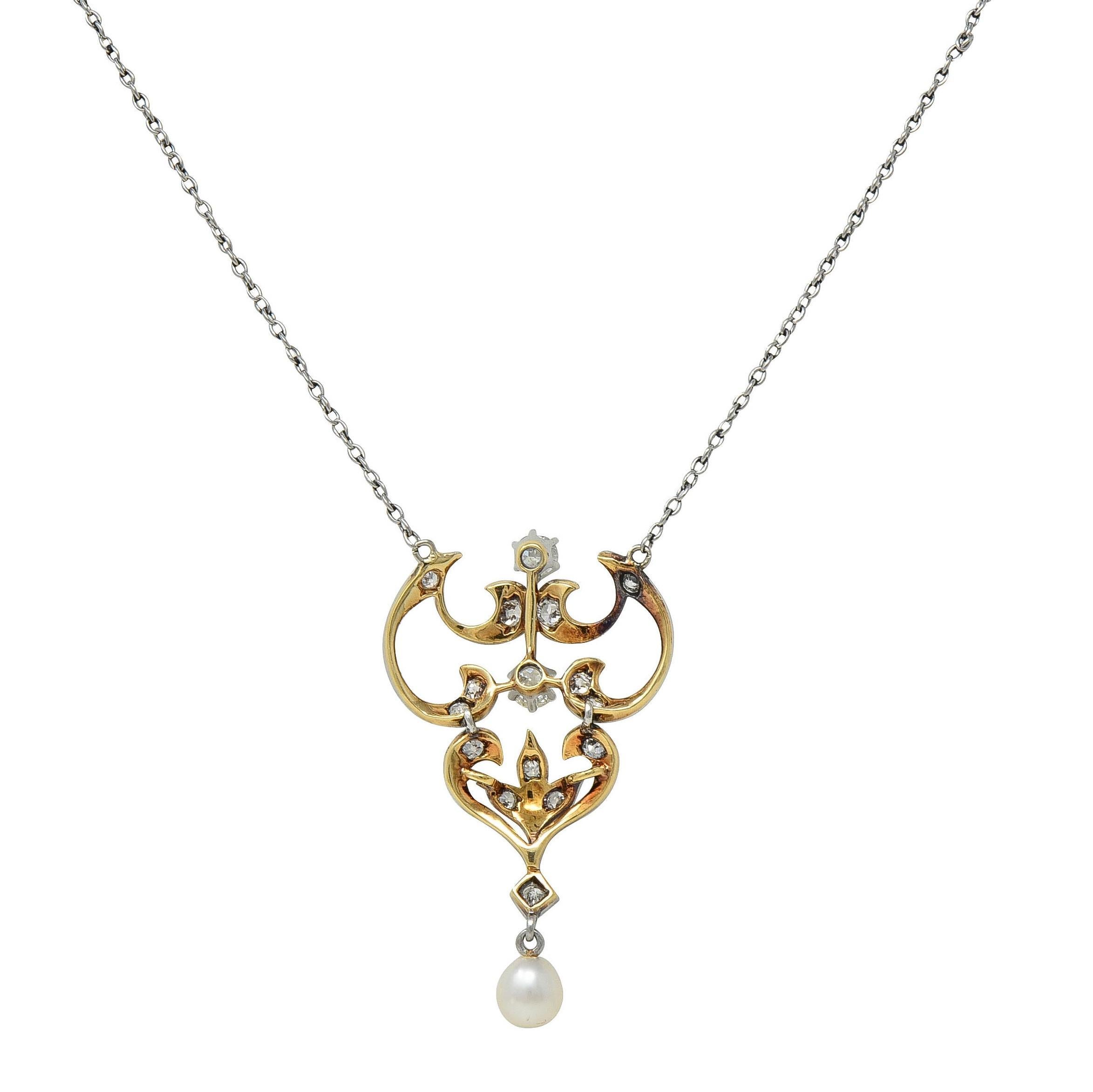 Collier Edwardian Diamond Pearl Platinum 14K Gold Antique Pendant Station Necklace Unisexe en vente
