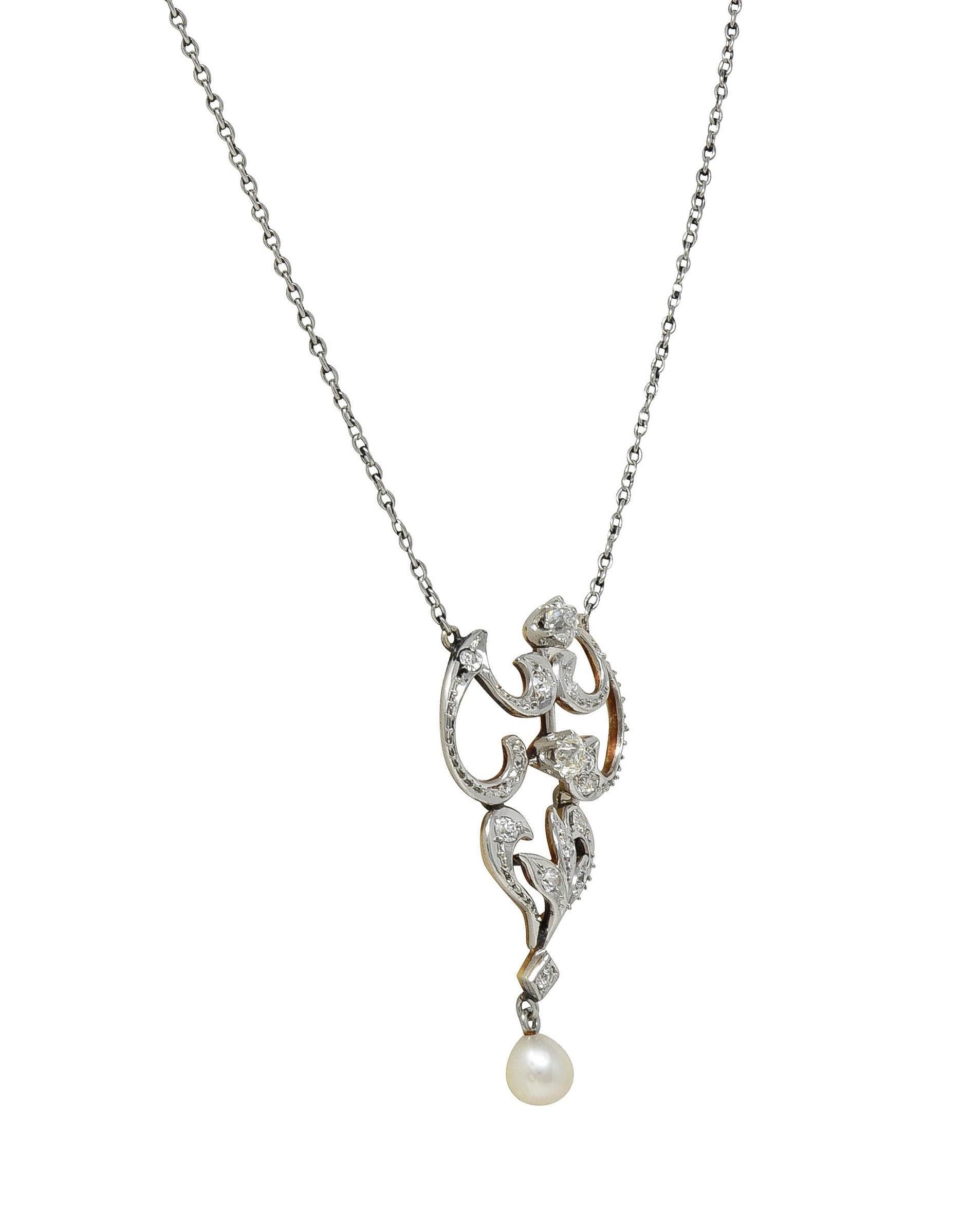 Collier Edwardian Diamond Pearl Platinum 14K Gold Antique Pendant Station Necklace en vente 1