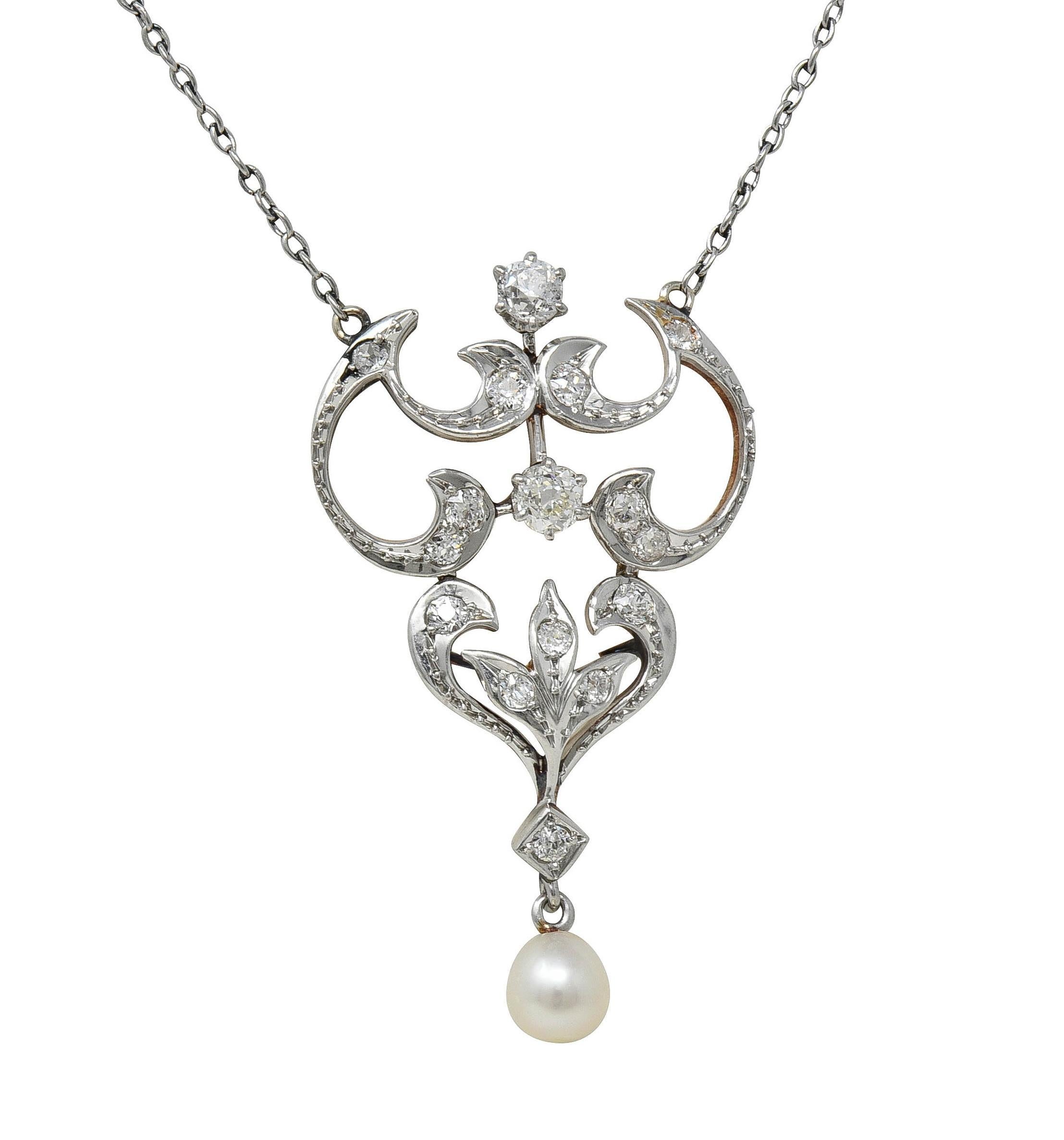 Collier Edwardian Diamond Pearl Platinum 14K Gold Antique Pendant Station Necklace en vente 2