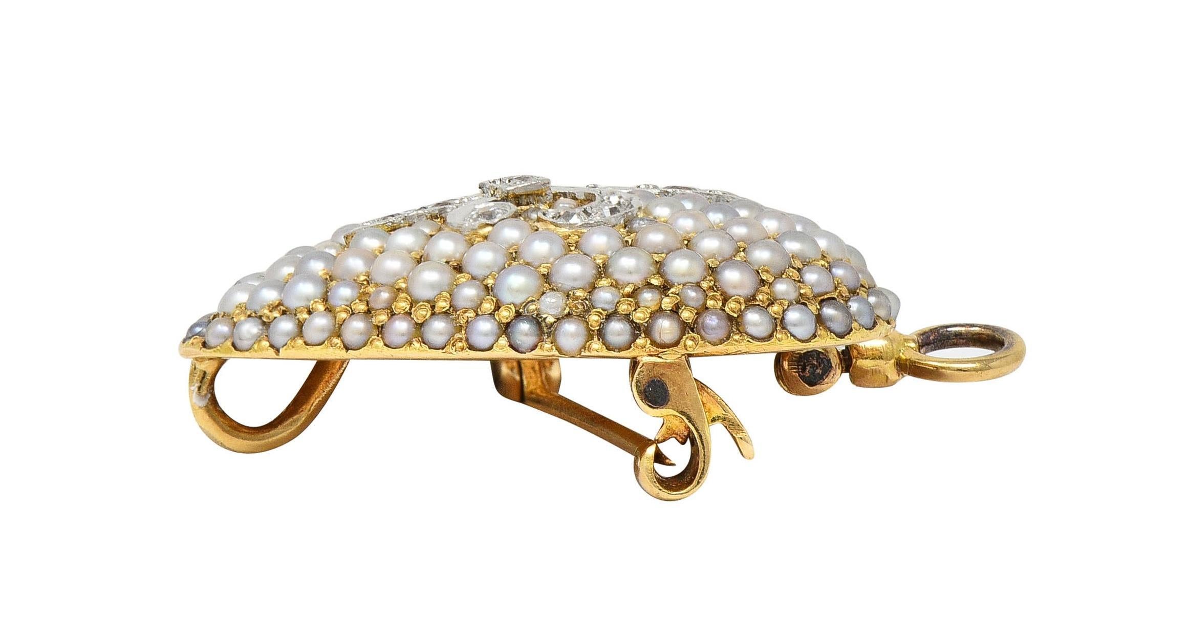 Antike Edwardianische Diamant-Perlen-Platin-Brosche 14K Gelbgold Herz-Anhänger im Angebot 5