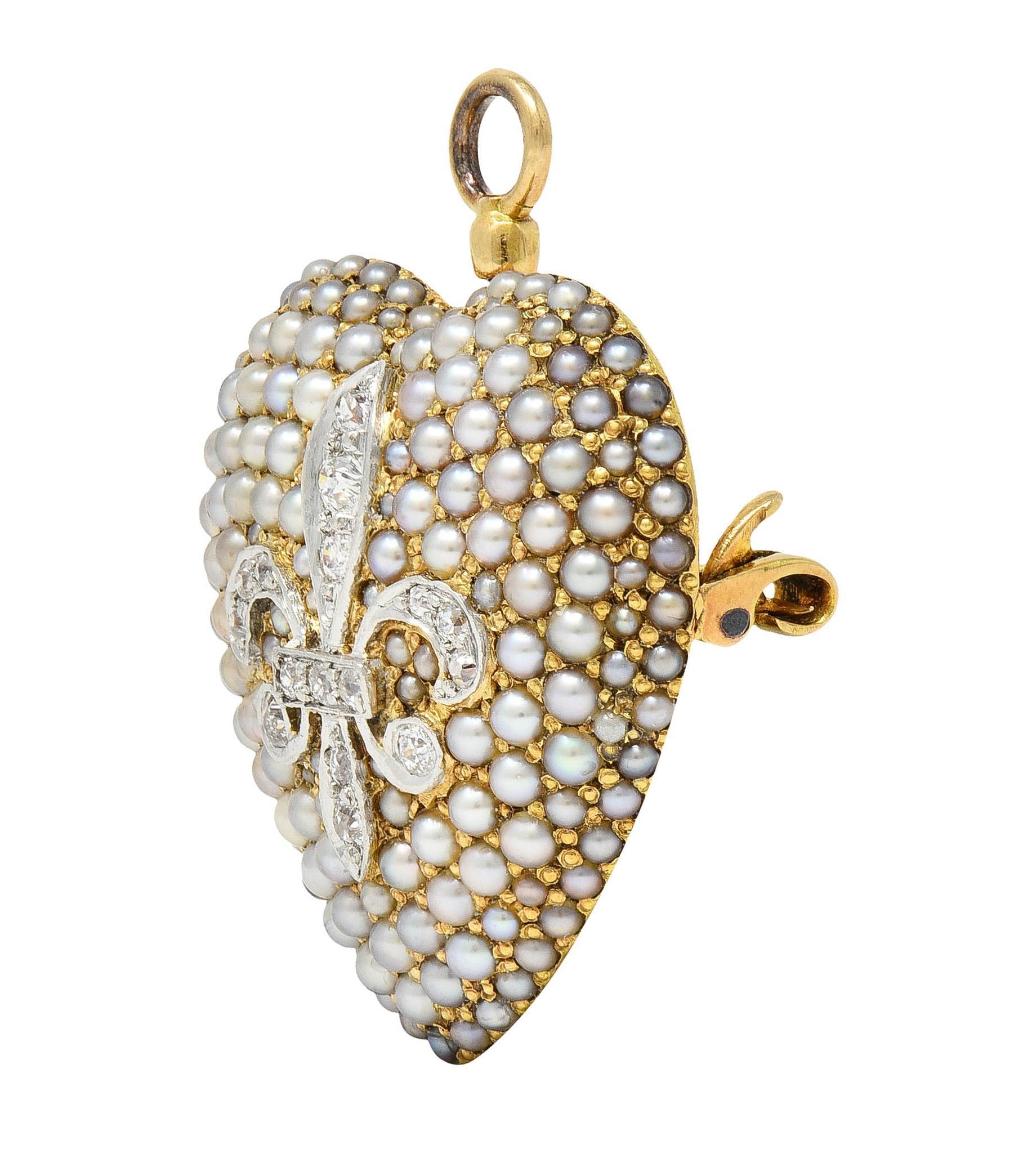 Heart Cut Edwardian Diamond Pearl Platinum 14K Yellow Gold Heart Antique Pendant Brooch For Sale