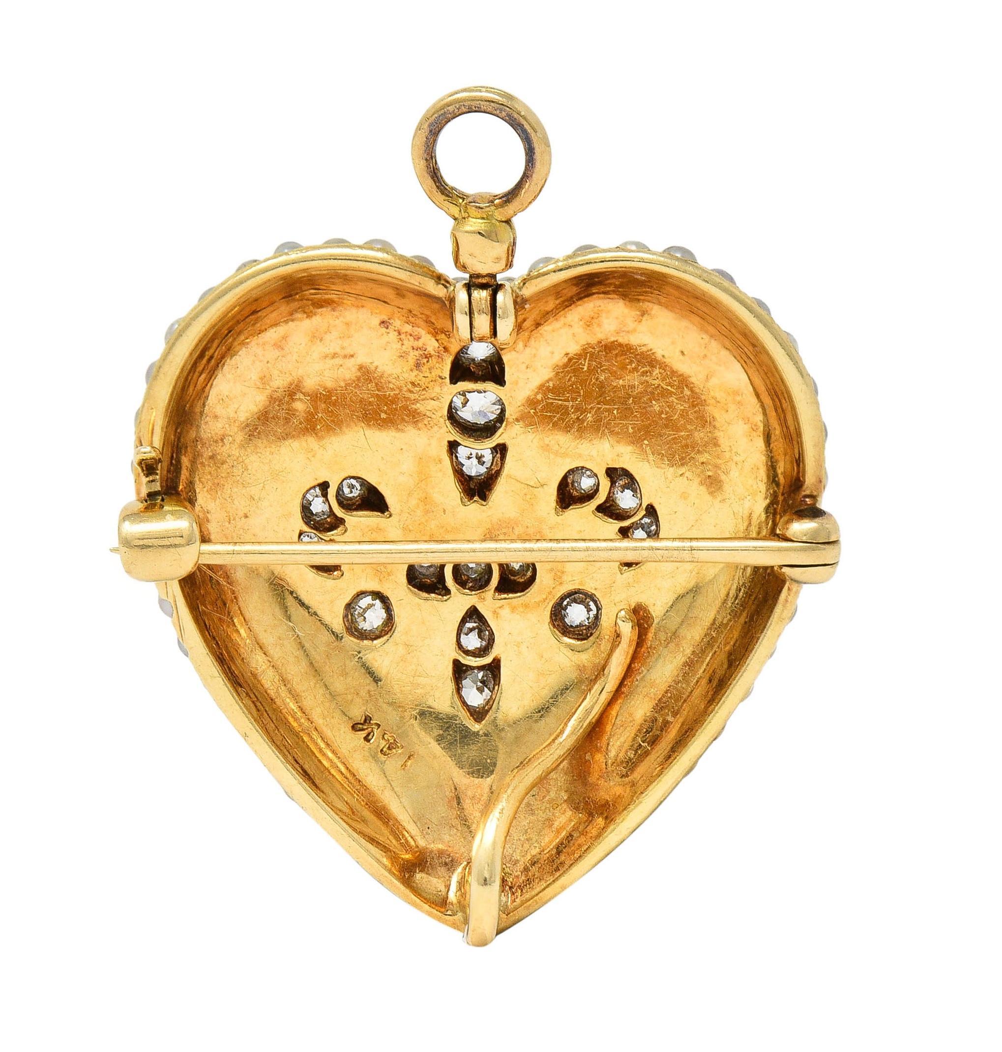 Edwardian Diamond Pearl Platinum 14K Yellow Gold Heart Antique Pendant Brooch In Excellent Condition For Sale In Philadelphia, PA