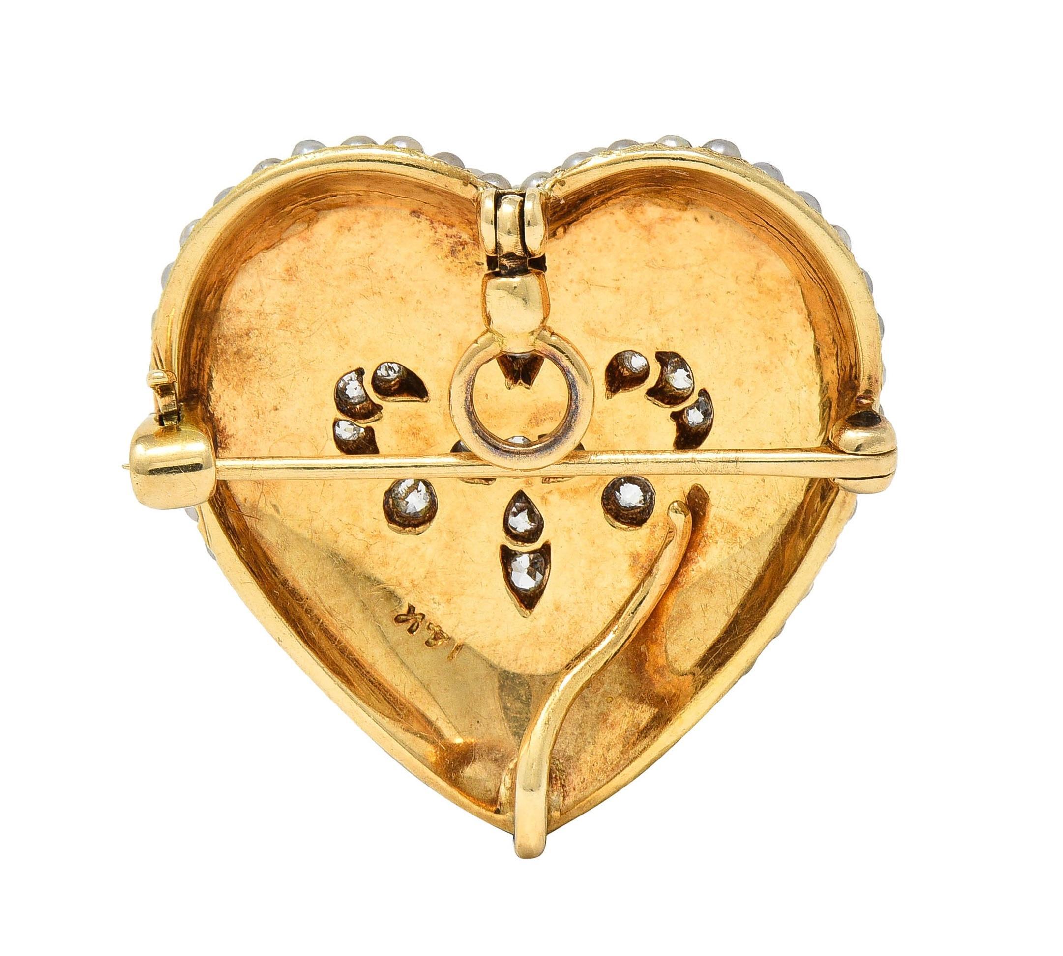 Women's or Men's Edwardian Diamond Pearl Platinum 14K Yellow Gold Heart Antique Pendant Brooch For Sale