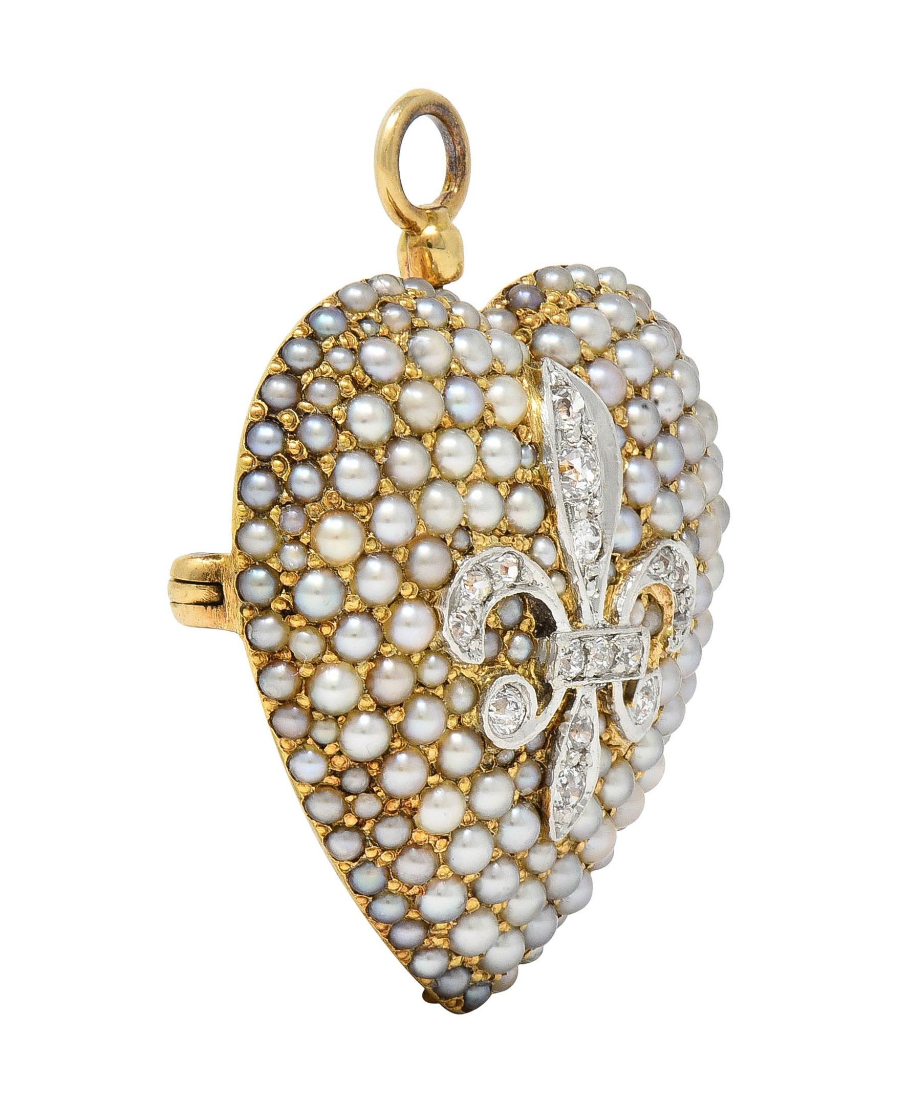 Edwardian Diamond Pearl Platinum 14K Yellow Gold Heart Antique Pendant Brooch For Sale 1