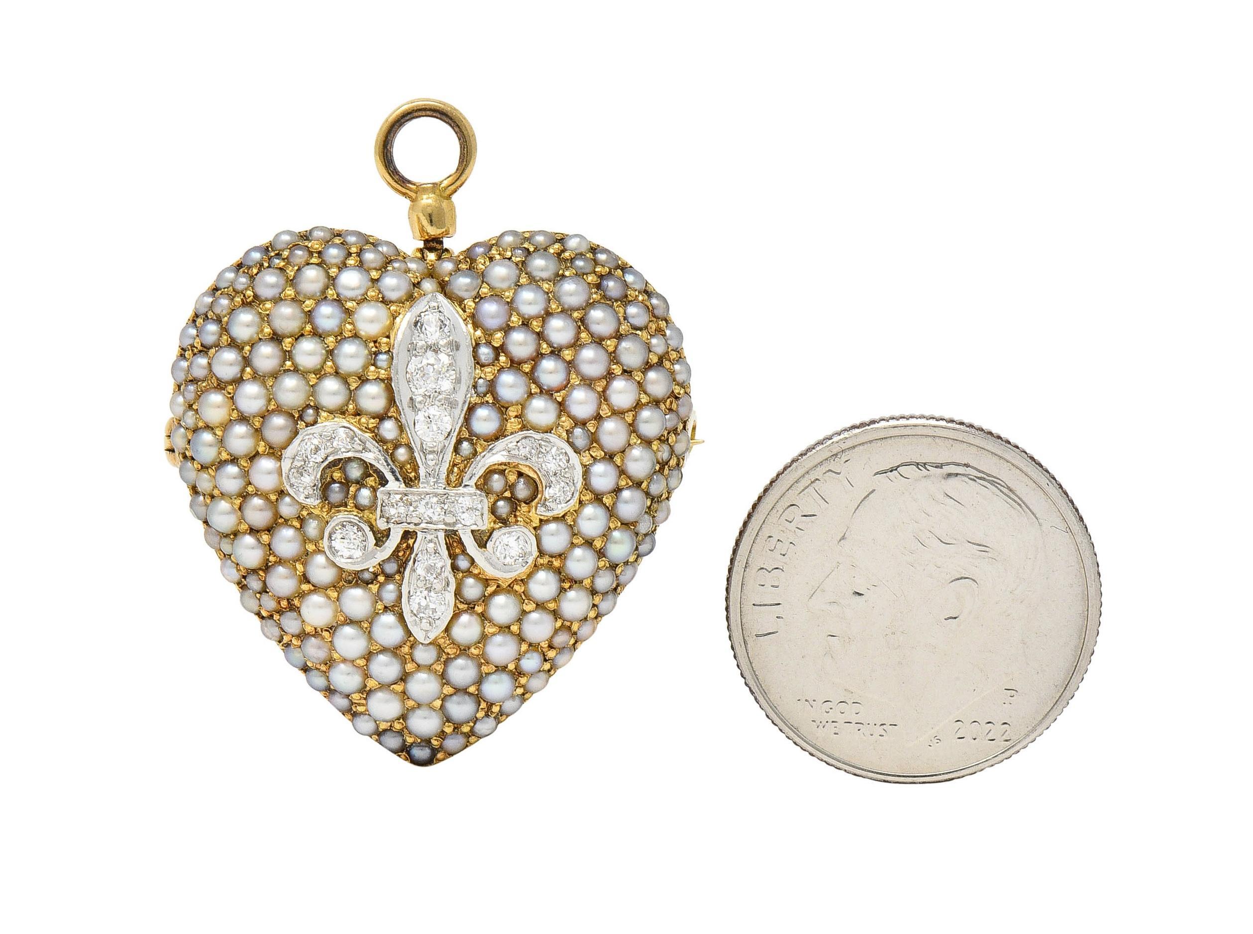 Edwardian Diamond Pearl Platinum 14K Yellow Gold Heart Antique Pendant Brooch For Sale 2