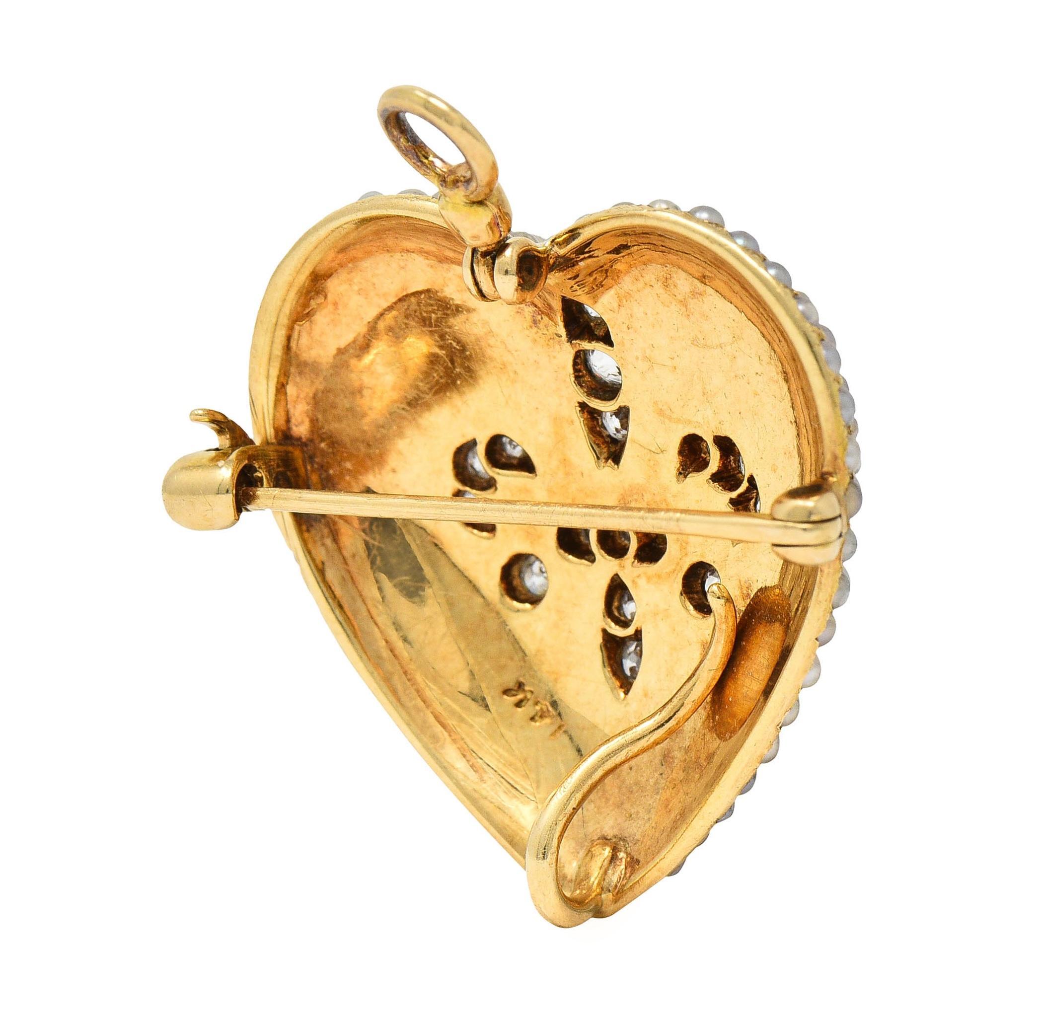 Edwardian Diamond Pearl Platinum 14K Yellow Gold Heart Antique Pendant Brooch For Sale 4