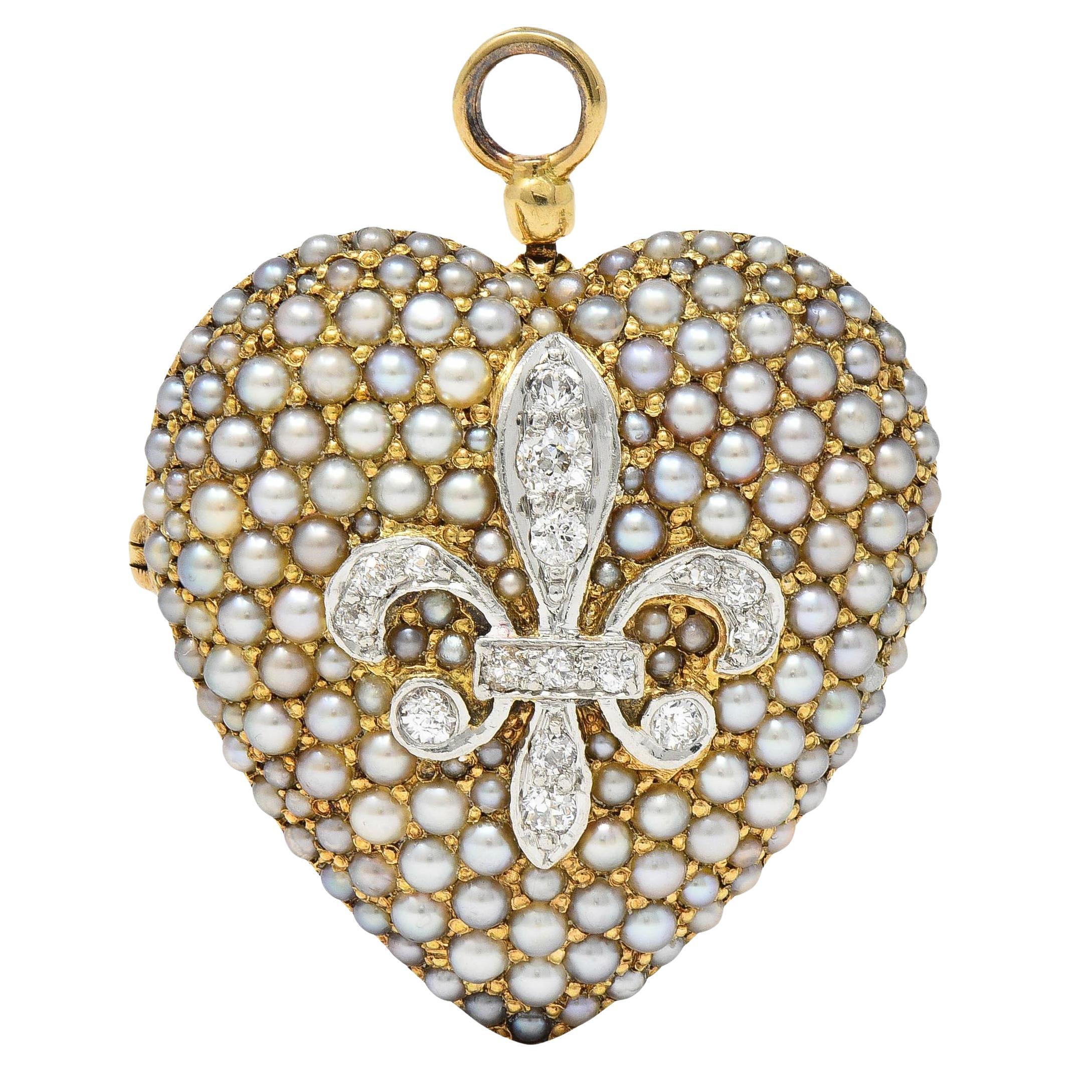 Edwardian Diamond Pearl Platinum 14K Yellow Gold Heart Antique Pendant Brooch For Sale