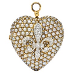 Broche pendentif édouardienne ancienne en forme de cœur en or jaune 14 carats, diamant, perle et platine
