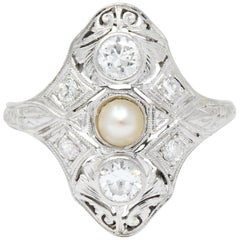 Edwardian Diamond Pearl Platinum 18 Karat White Gold Dinner Ring