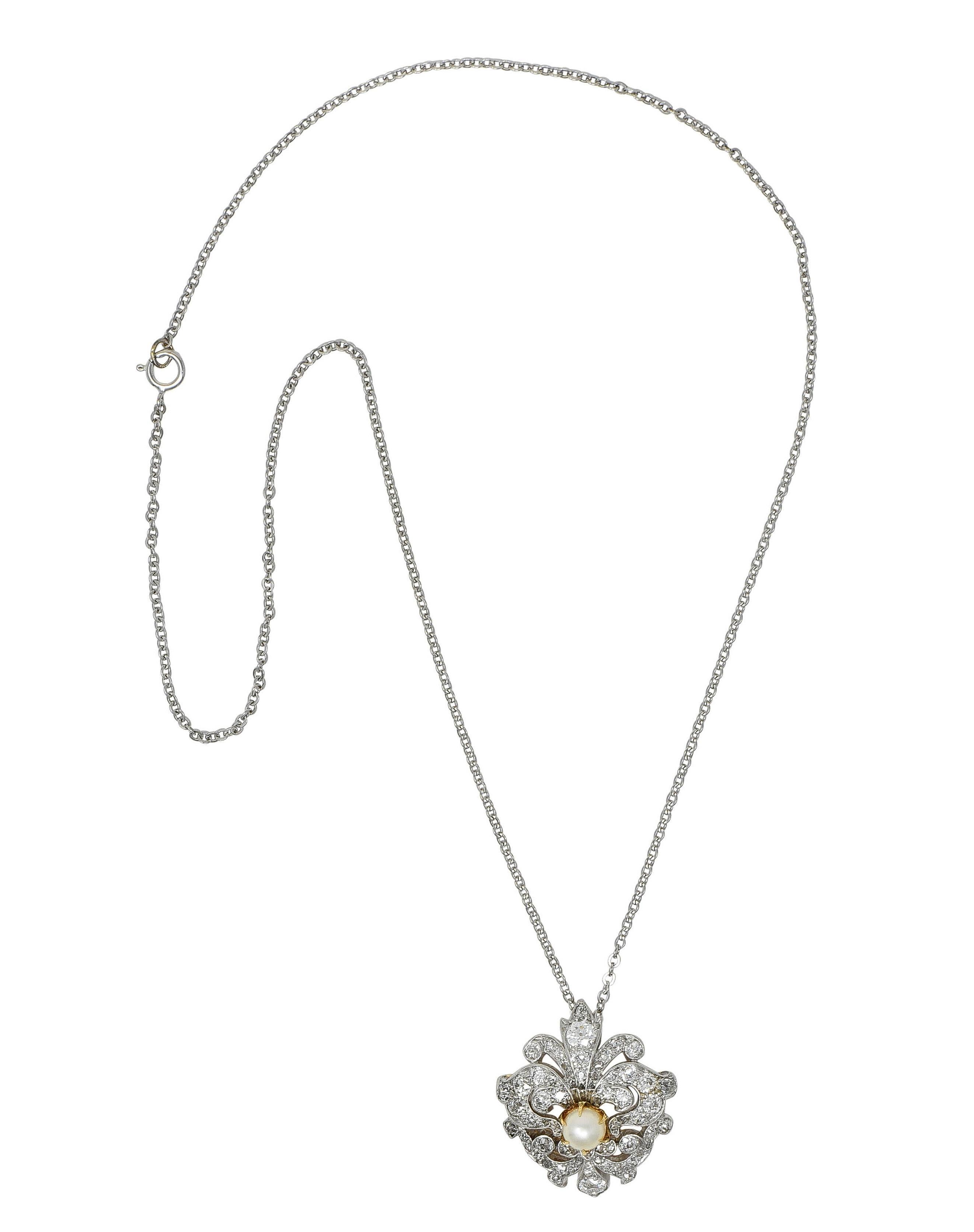 Round Cut Edwardian Diamond Pearl Platinum 18K Gold Fleur-De-Lis Antique Pendant Necklace For Sale