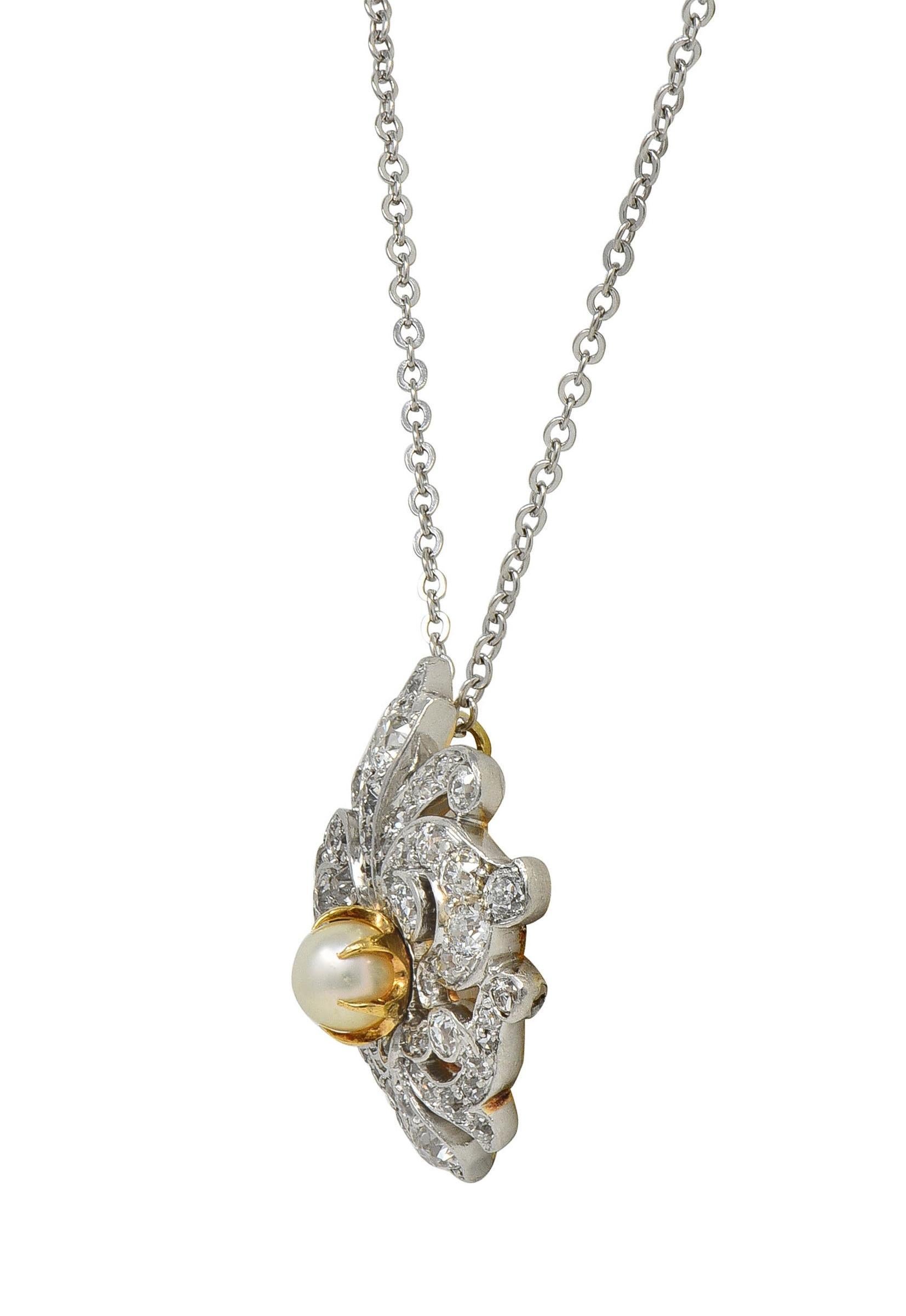 Edwardian Diamond Pearl Platinum 18K Gold Fleur-De-Lis Antique Pendant Necklace In Excellent Condition For Sale In Philadelphia, PA