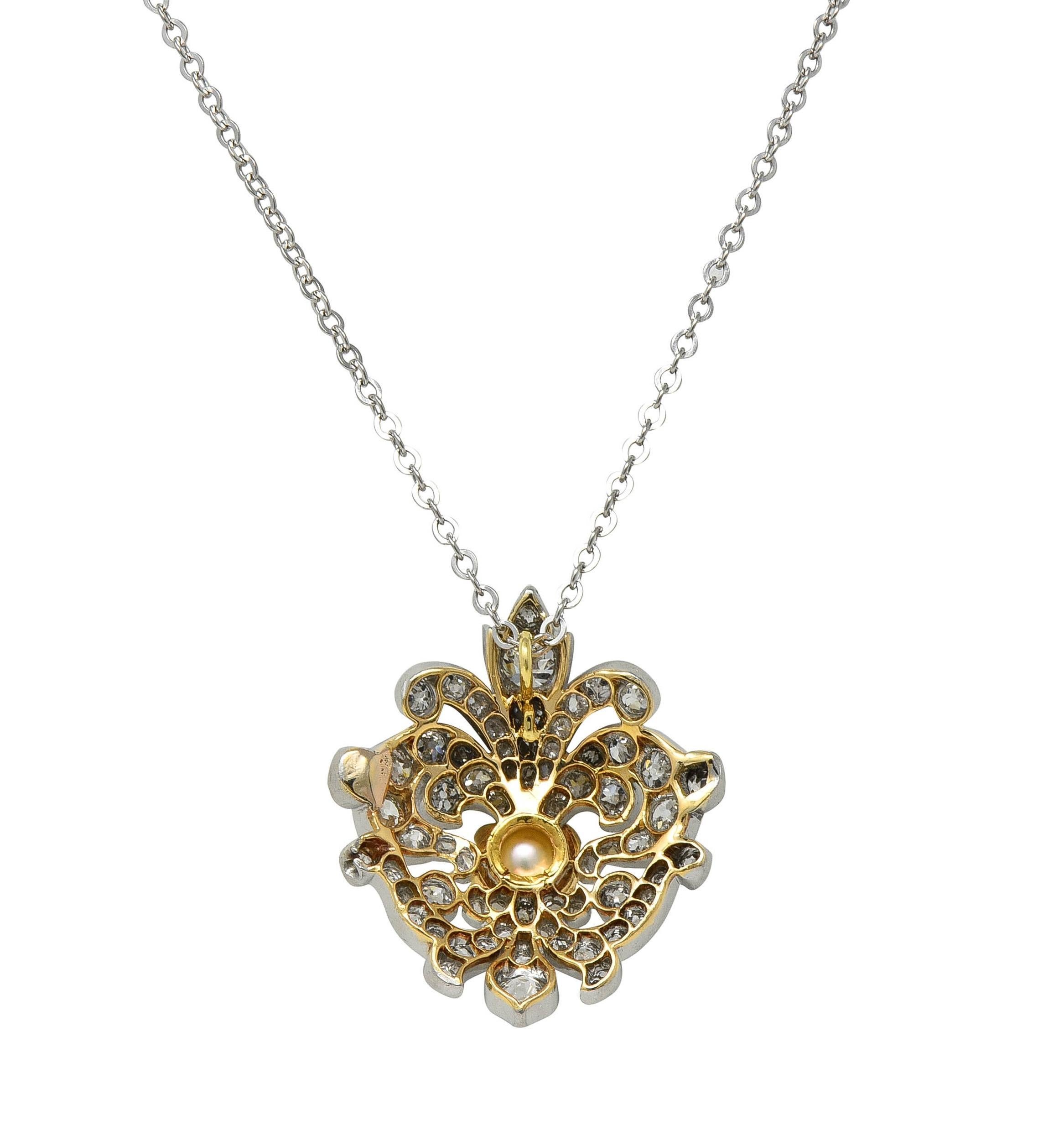 Women's or Men's Edwardian Diamond Pearl Platinum 18K Gold Fleur-De-Lis Antique Pendant Necklace For Sale