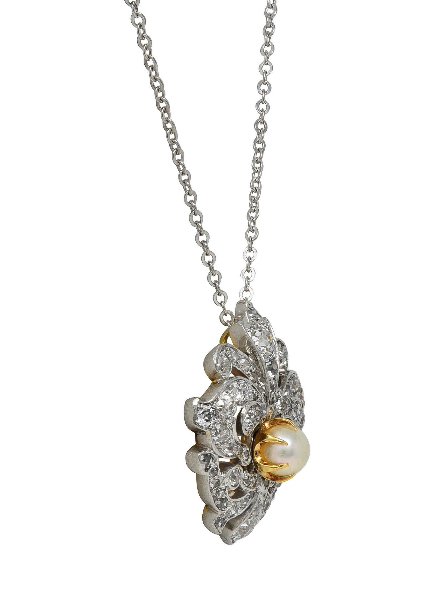 Edwardian Diamond Pearl Platinum 18K Gold Fleur-De-Lis Antique Pendant Necklace For Sale 1