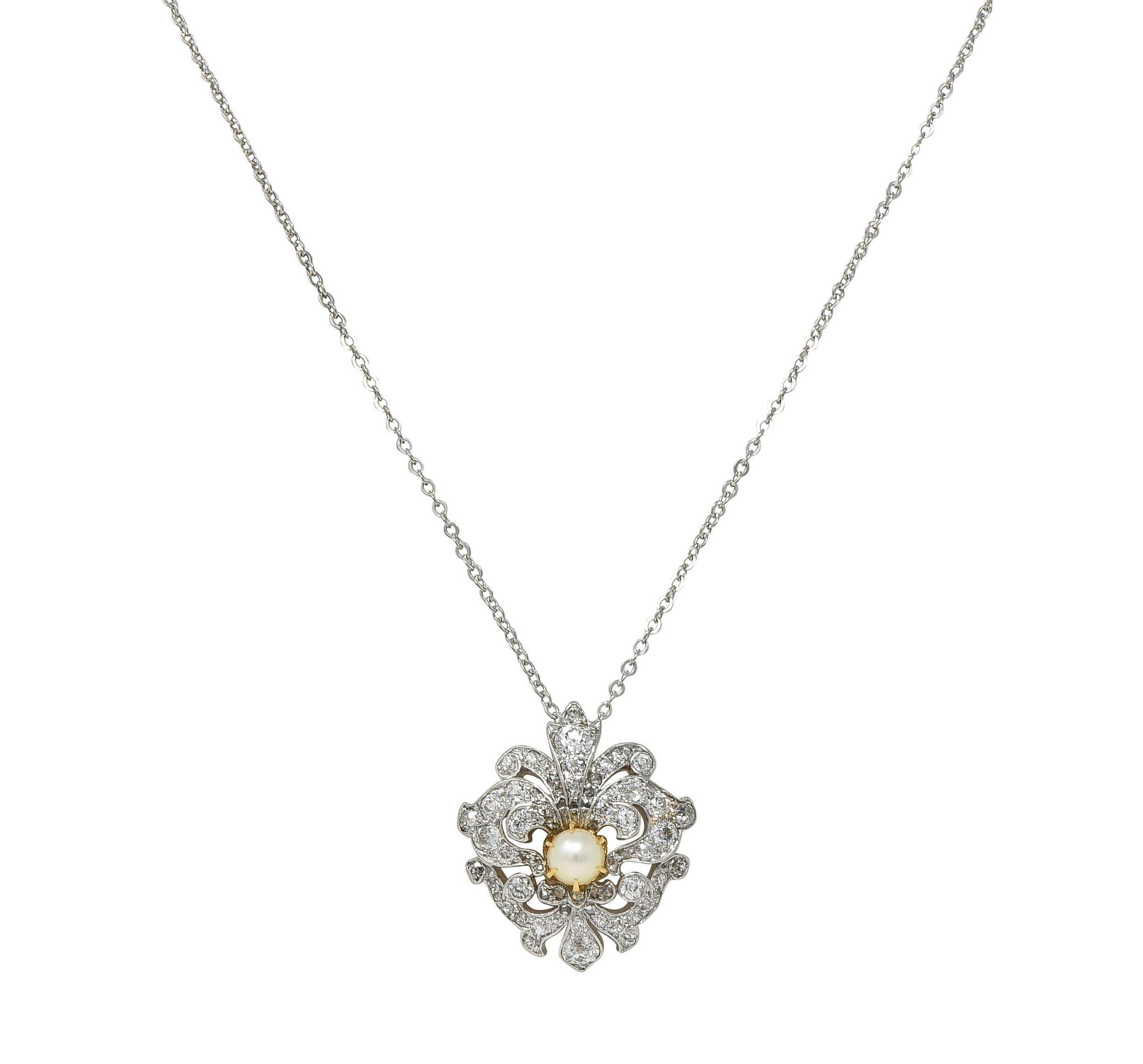 Edwardian Diamond Pearl Platinum 18K Gold Fleur-De-Lis Antique Pendant Necklace For Sale 3
