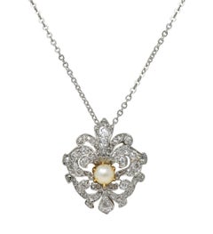 Antike Fleur-De-Lis-Halskette mit antikem Anhänger, Edwardian Diamant Perle Platin 18K Gold