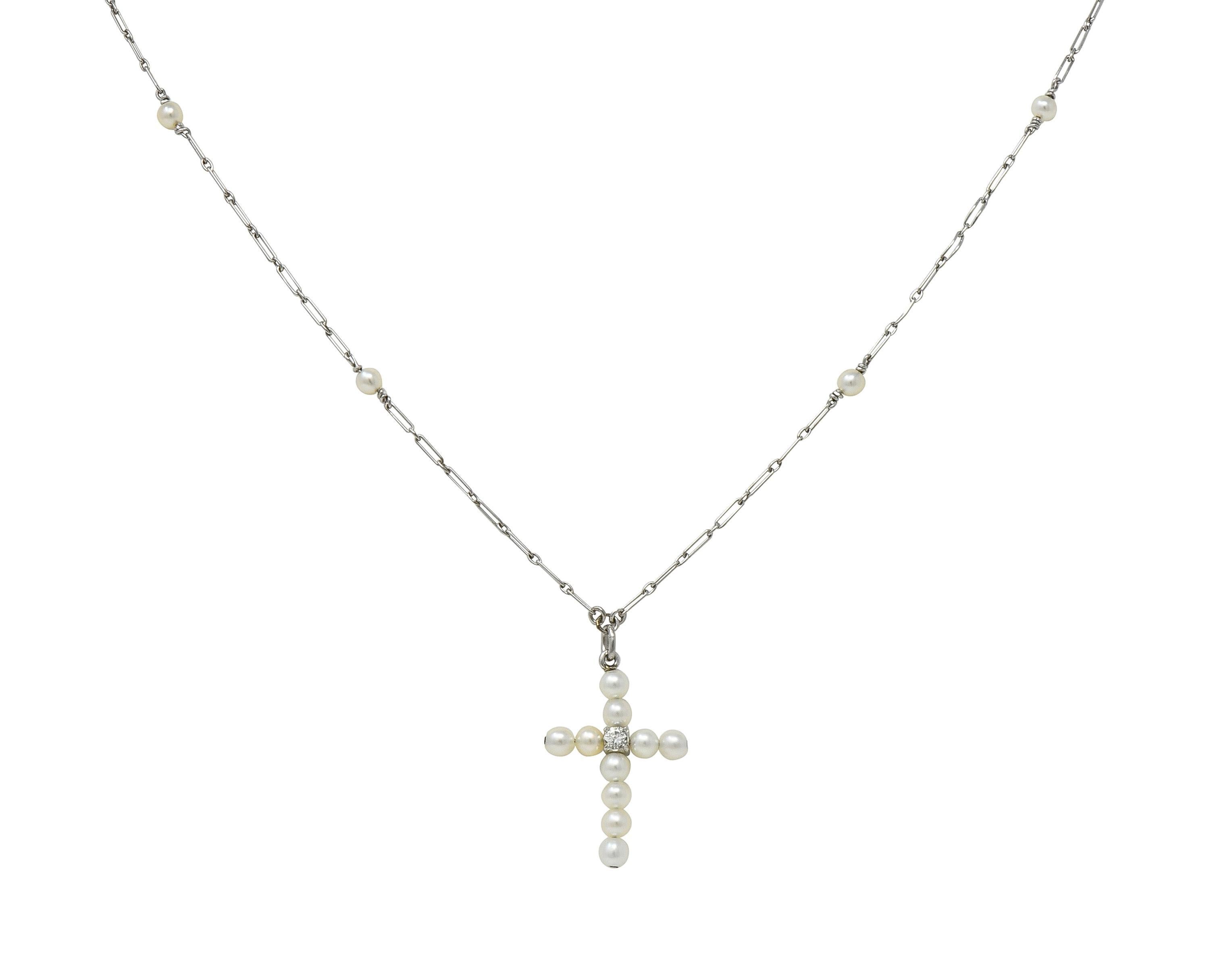 Edwardian Diamond Pearl Platinum Antique Cross Pendant Station Necklace
