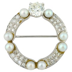 Antique Edwardian diamond pearl platinum brooch