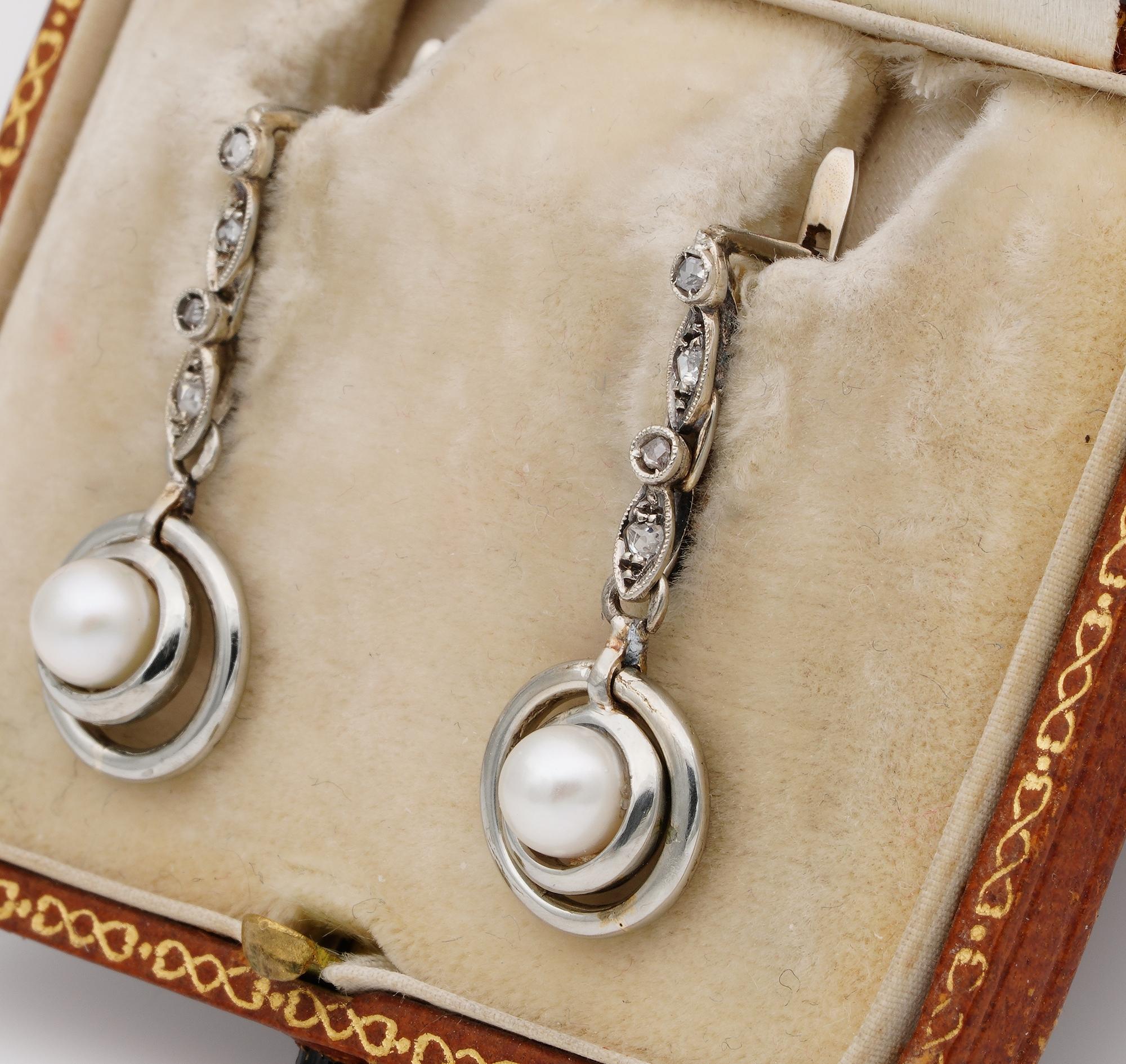Rose Cut Edwardian Diamond Pearl Platinum Swing Earrings