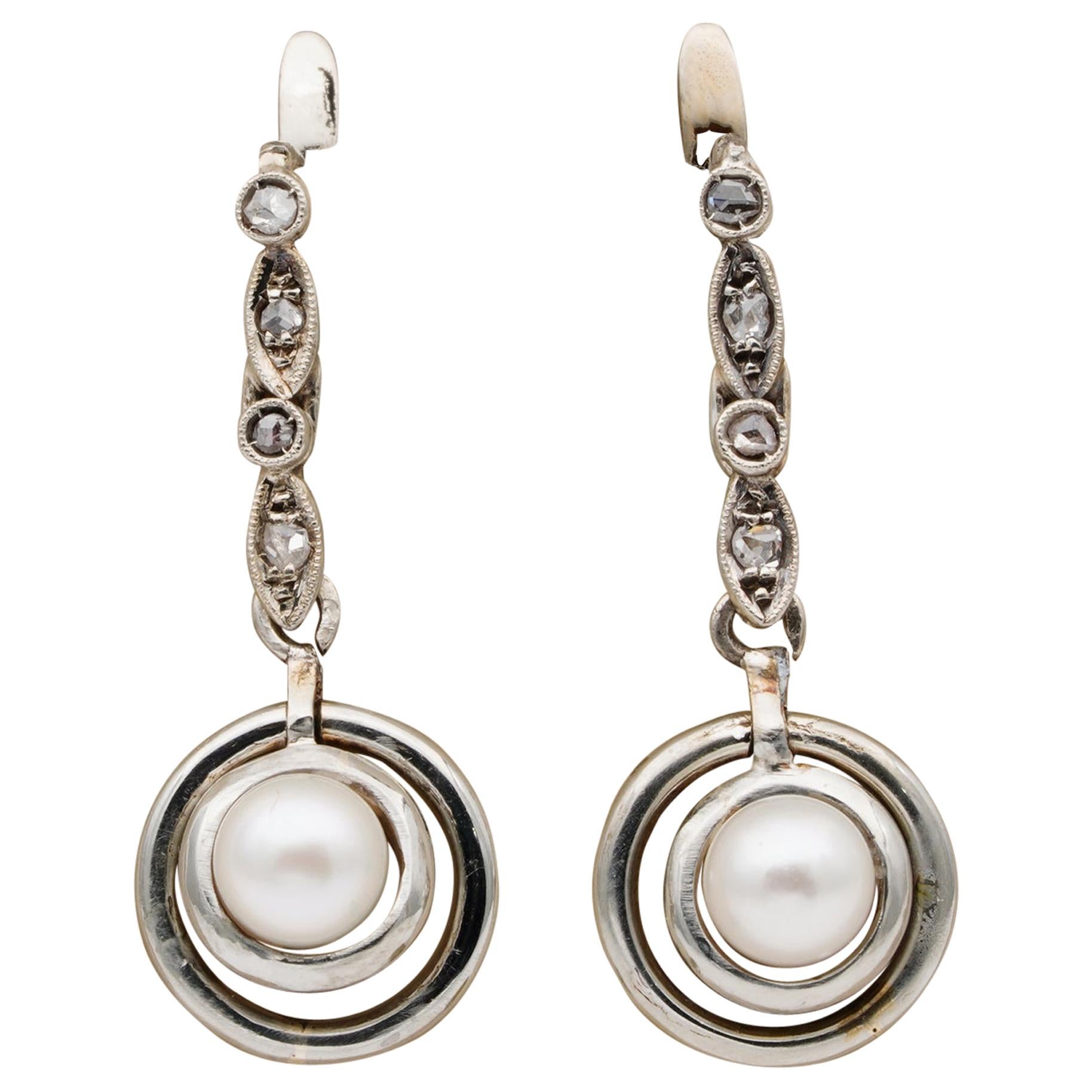 Edwardian Diamond Pearl Platinum Swing Earrings