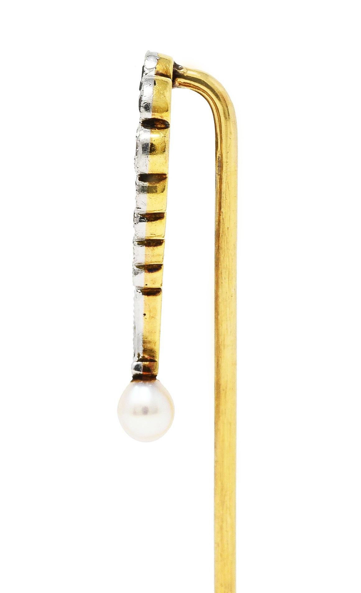 Old European Cut Edwardian Diamond Pearl Platinum-Topped 14 Karat Gold Antique Stickpin