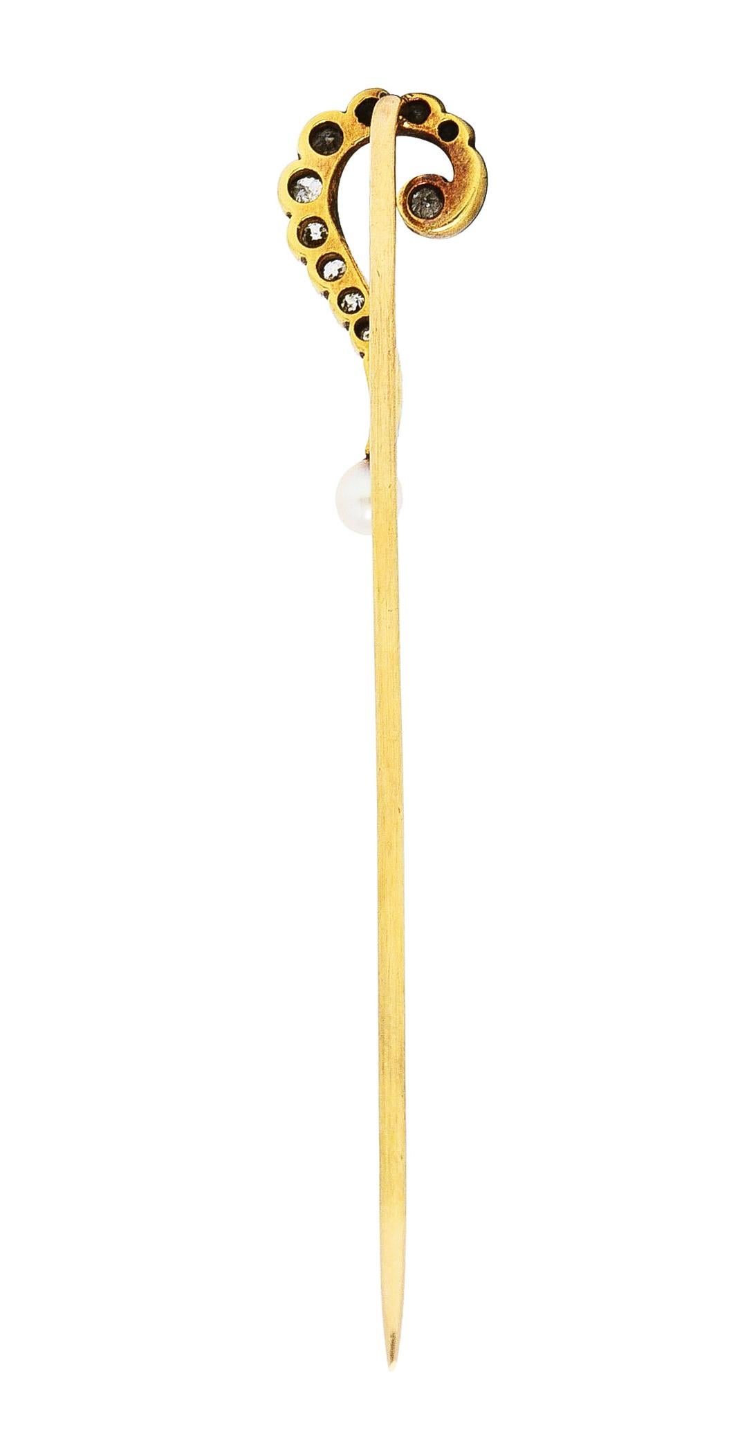 Edwardian Diamond Pearl Platinum-Topped 14 Karat Gold Antique Stickpin In Excellent Condition In Philadelphia, PA
