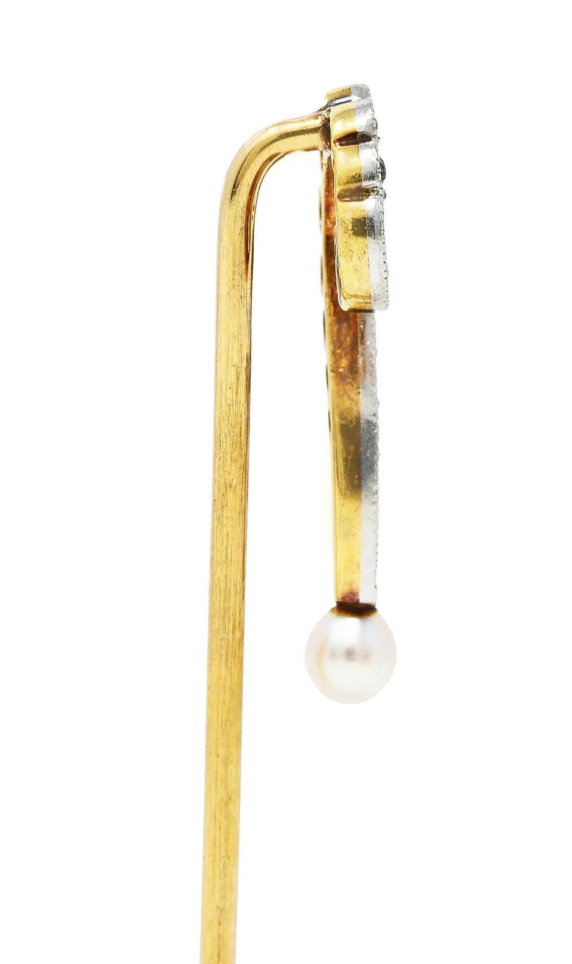 Women's or Men's Edwardian Diamond Pearl Platinum-Topped 14 Karat Gold Antique Stickpin