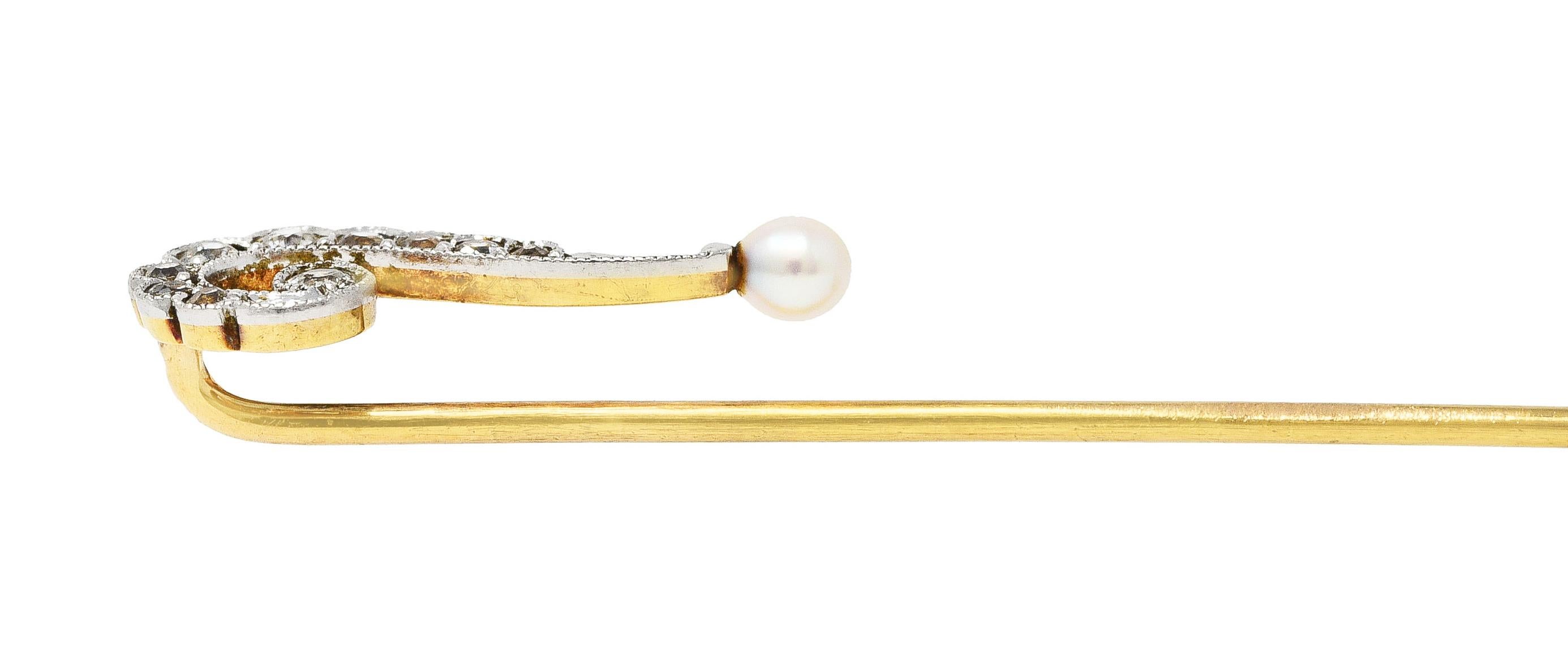 Edwardian Diamond Pearl Platinum-Topped 14 Karat Gold Antique Stickpin 1