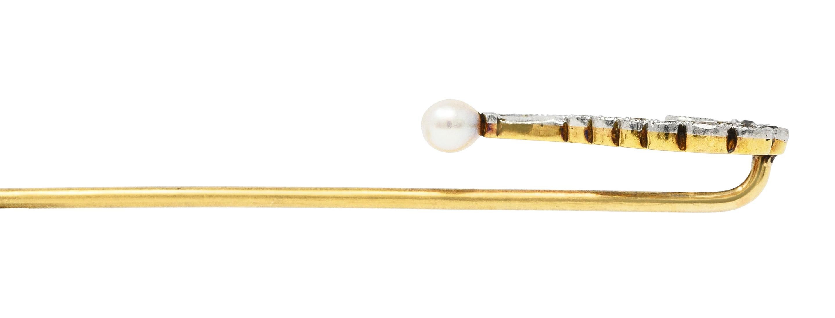 Edwardian Diamond Pearl Platinum-Topped 14 Karat Gold Antique Stickpin 2