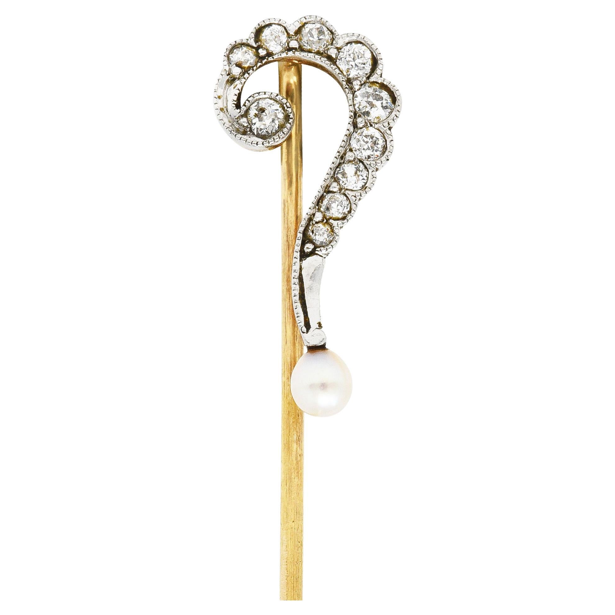 Edwardian Diamond Pearl Platinum-Topped 14 Karat Gold Antique Stickpin